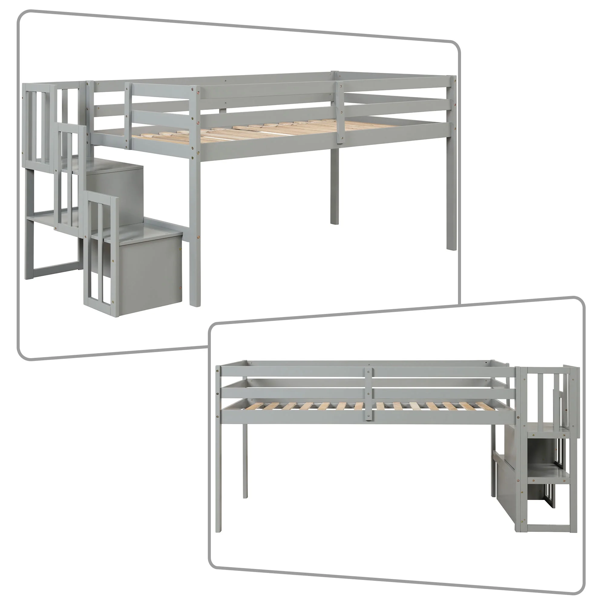 Classic Minimalist Style Twin Size Wooden Loft Bed with Staircase, White