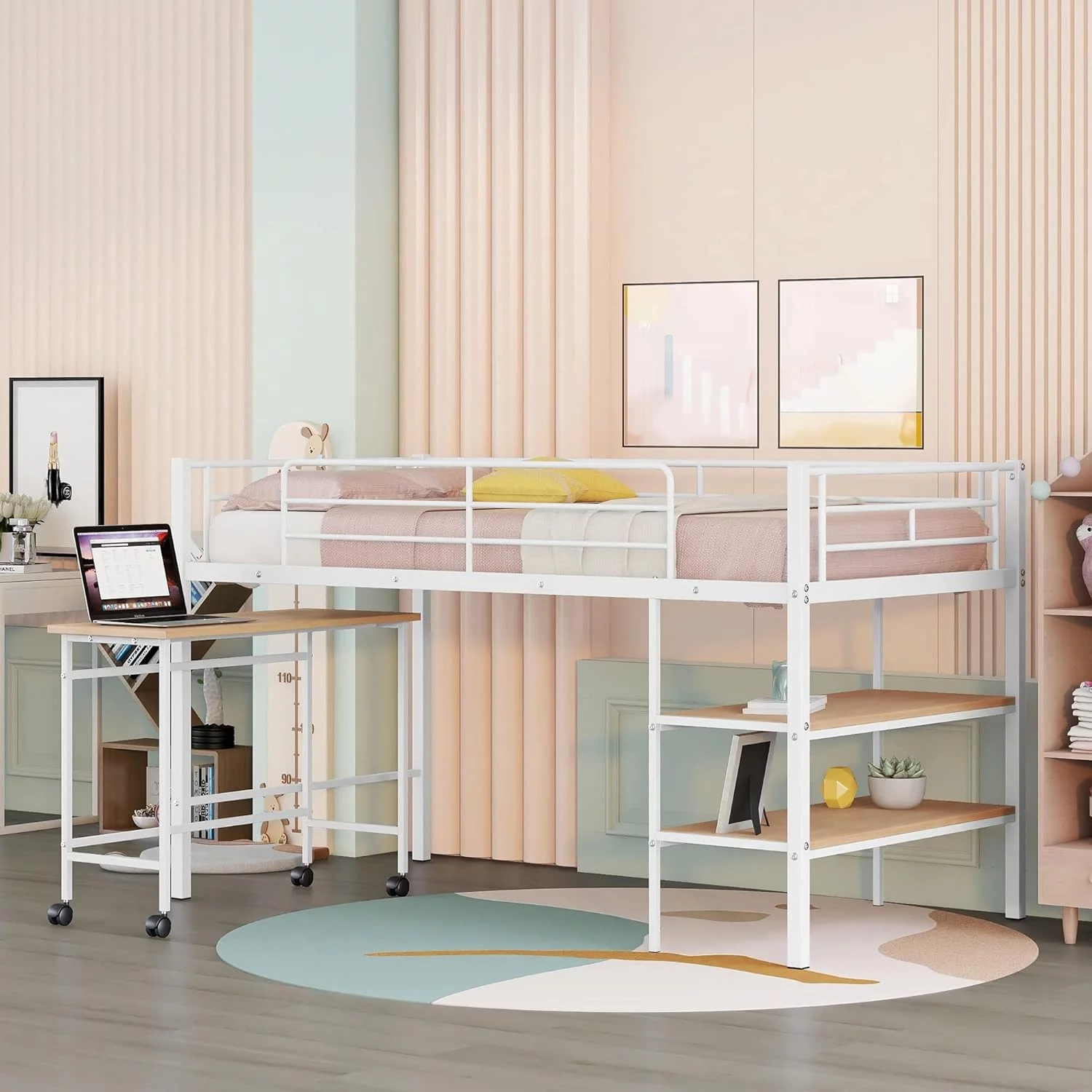 Kids Loft Bed With Desk And Storage, Metal Low Size Bed With Rolling Portable Desk And 2-Tier Shelves, Low Loft Bed With Full-Length Guardrail For Kids Boys Girls Teens (White)