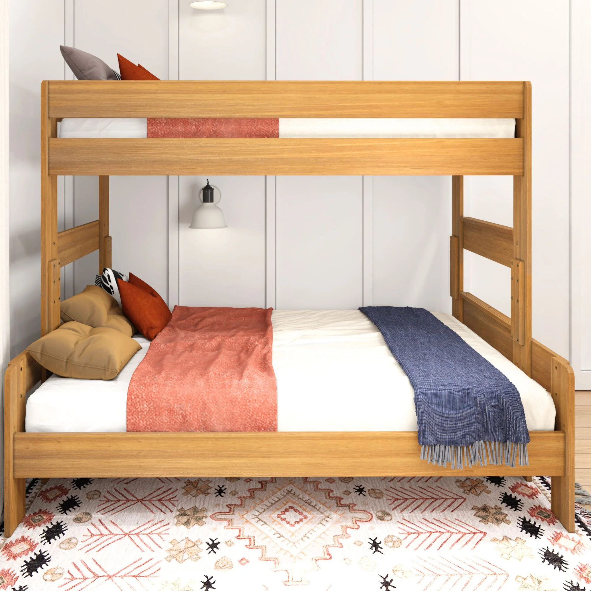 Max & Lily Twin Over Full Bunk Bed, Modern Farmhouse Wooden Bunk Beds For Kids, Pecan