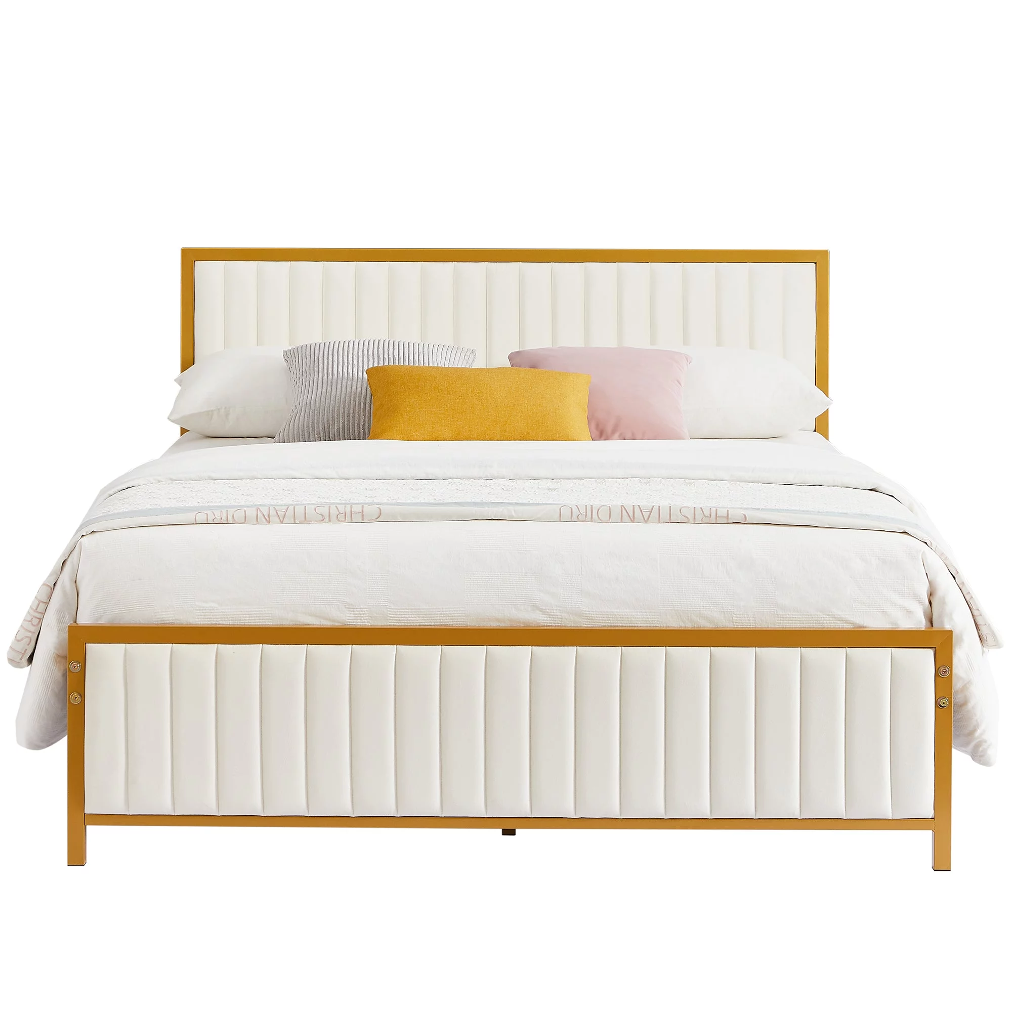 Taomika, Queen Size Modern Faux Leather Upholstered Platform Bed, Beige Bed Frame