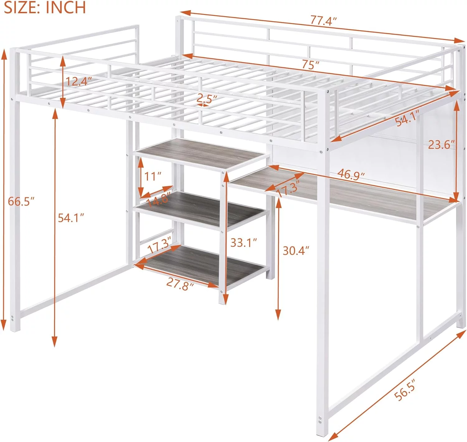 Full Size Loft Bed With Desk And Storage Shelves, Metal Loft Beds With Whiteboard And Ladder, Heavy-Duty Loft Bed Frame For Kids Boys Girls Teens, White