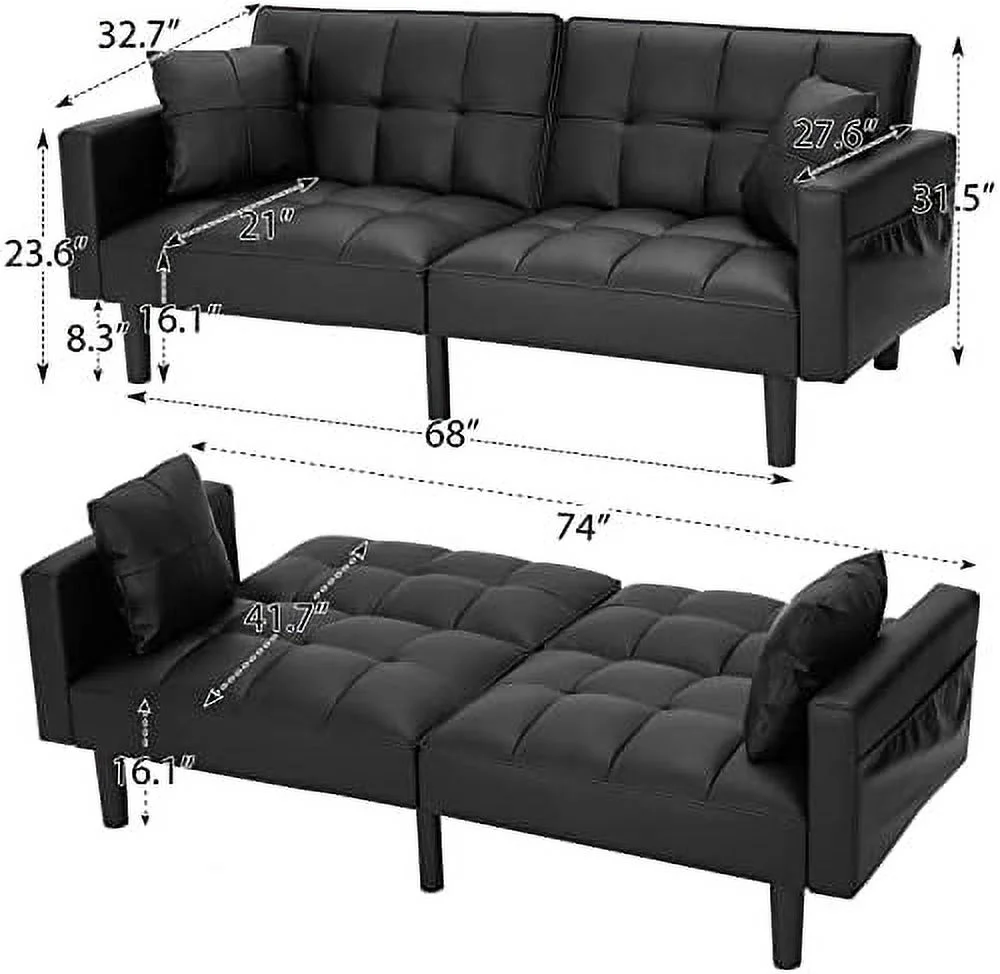 RUNFAYBIU Futon Sofa Bed  Modern Leather Convertible Sofa Bed Upholstered Sleeper Sofa Couch Bed with Adjustable Back  Arms and High Strength Nylon Legs for Living Room  Apartment  Office