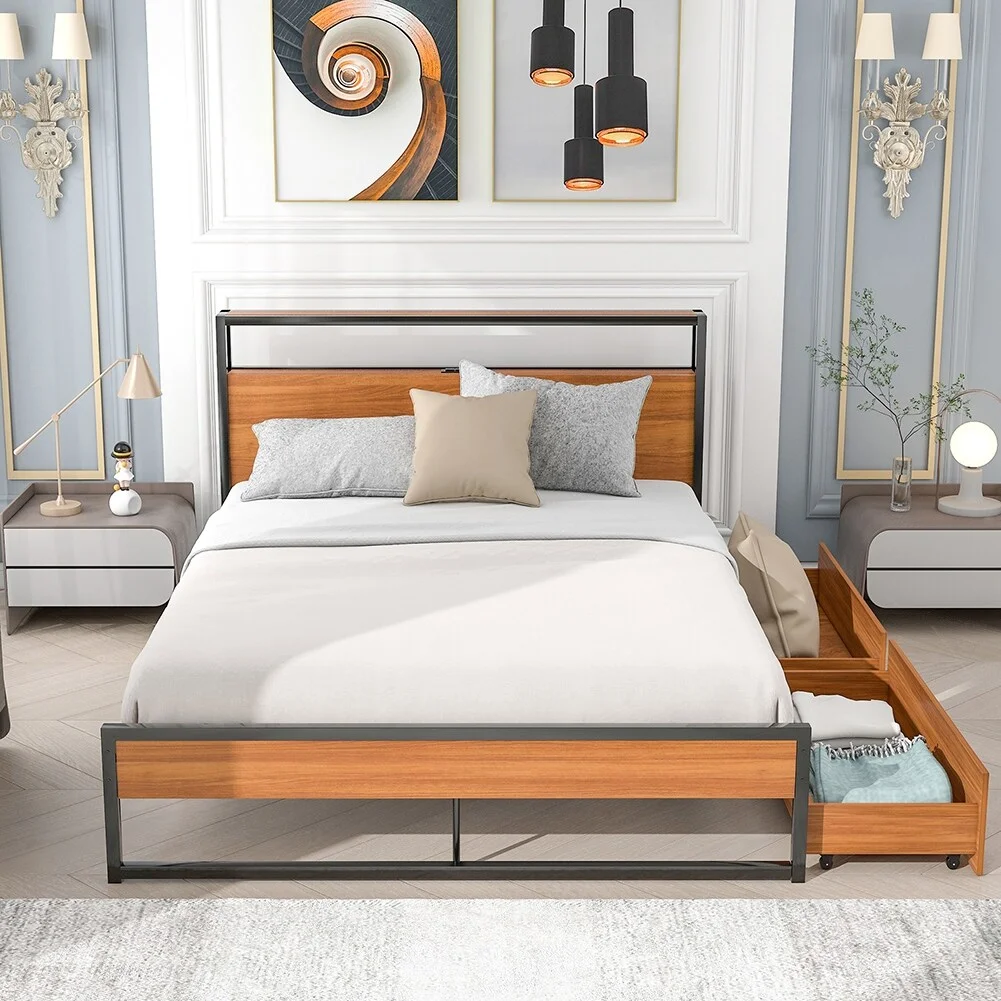 Queen Size Metal Platform Bed Frame with Sockets and 2 Drawers Black+Brown