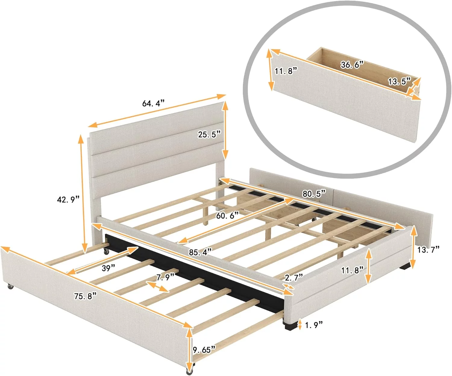 Queen Upholstered Platform Bed With Size Trundle And 2 Storage Drawers, Wooden Queen Bed Frame With Headboard, No Box Spring Needed (Queen Size, Beige)