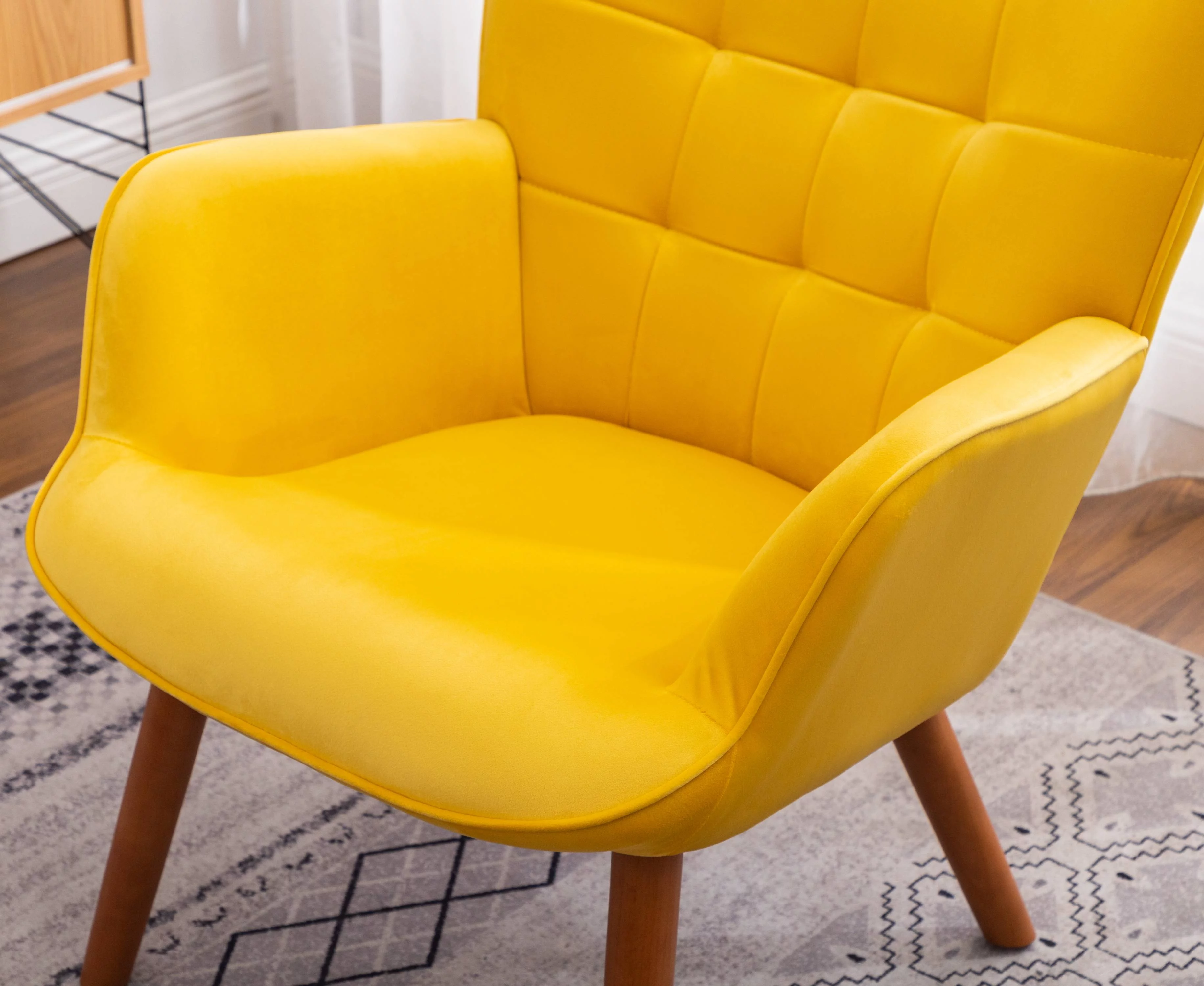 Roundhill Furniture Leiria Velvet Tufted Accent Chair with Ottoman in Yellow