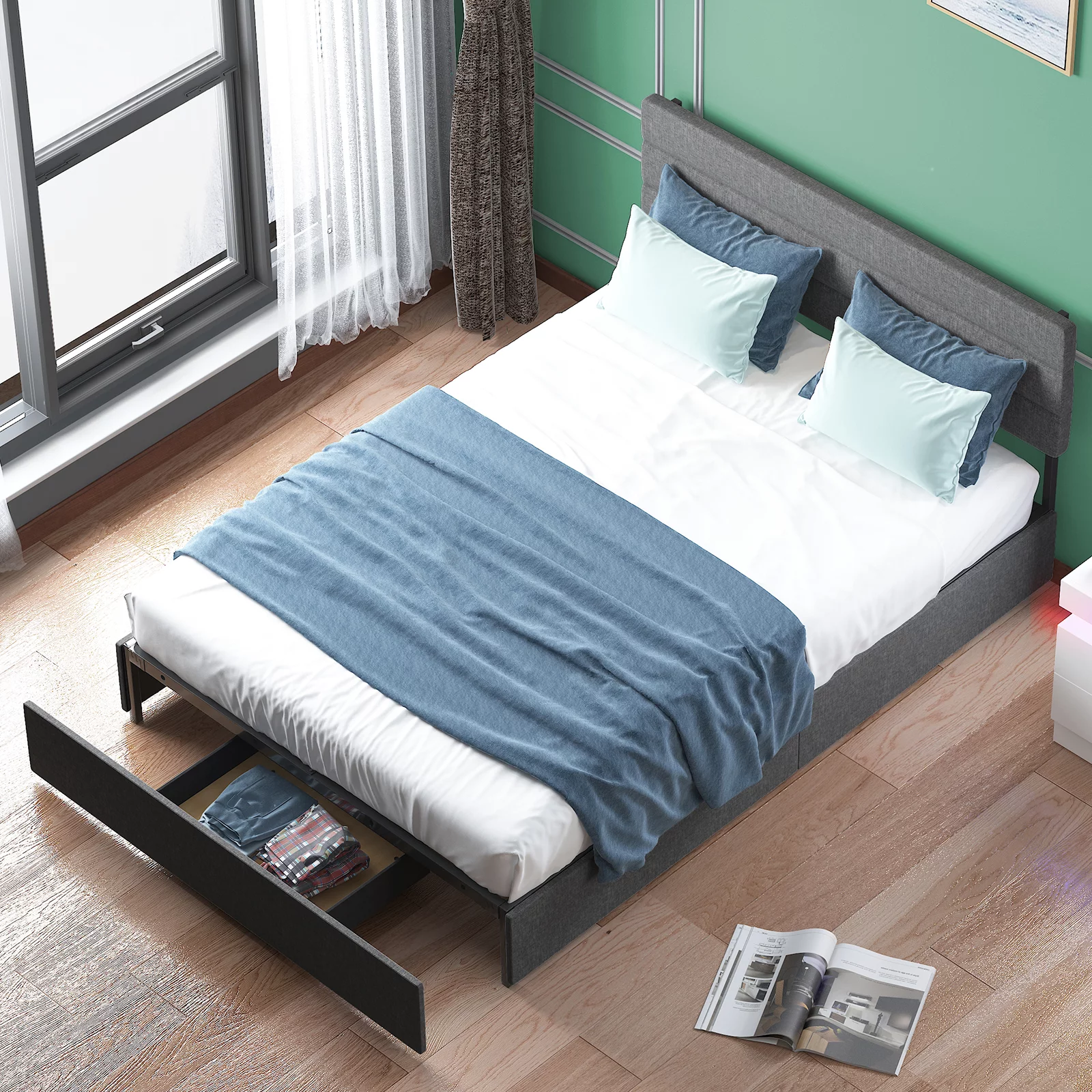 ZAFLY Full Size Bed Frame with Drawers, No Box Spring Needed Bed Frame with Headboard, Upholstered Platform Bed Frame with Large Storage Space for Bed Room, Dark Grey