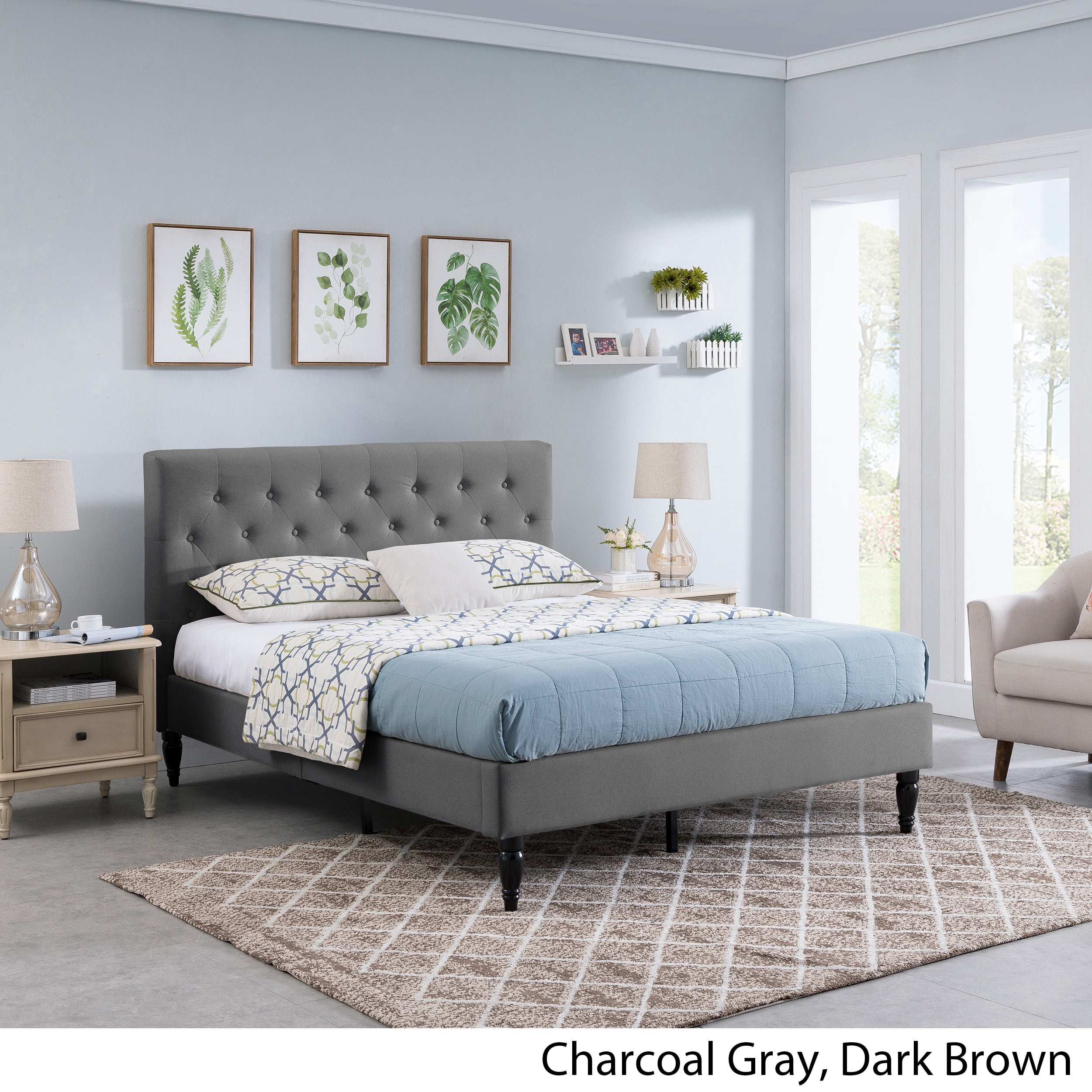 Noble House Kwan Contemporary Upholstered Fabric Low-Profile Queen Bed Frame, Charcoal Gray, Black