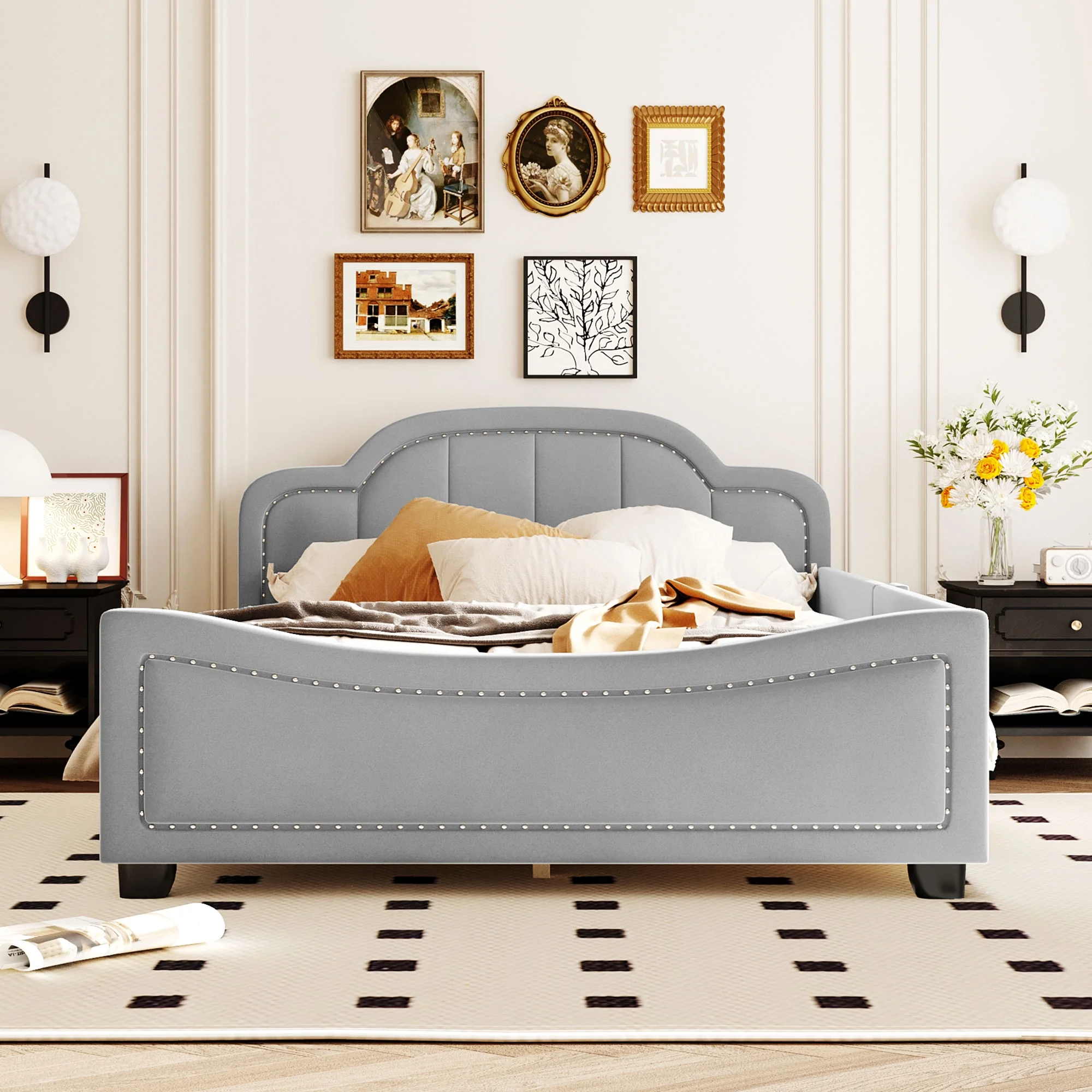 CoSoTower Full Size Upholstered Daybed with Cloud Shaped Headboard, Embedded Elegant Copper Nail Design, Gray