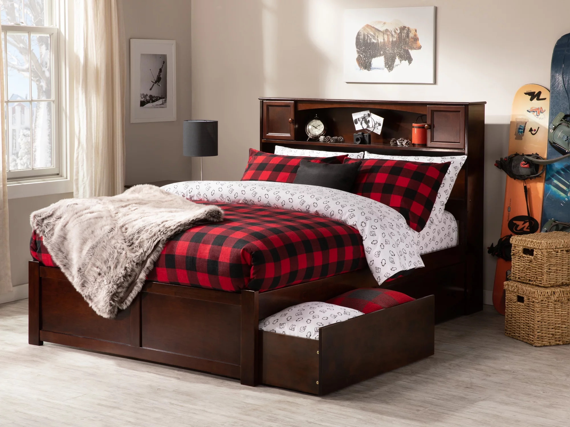 AFI Newport Full Solid Wood Platform Bed with Footboard & 2 Storage Drawers in Walnut
