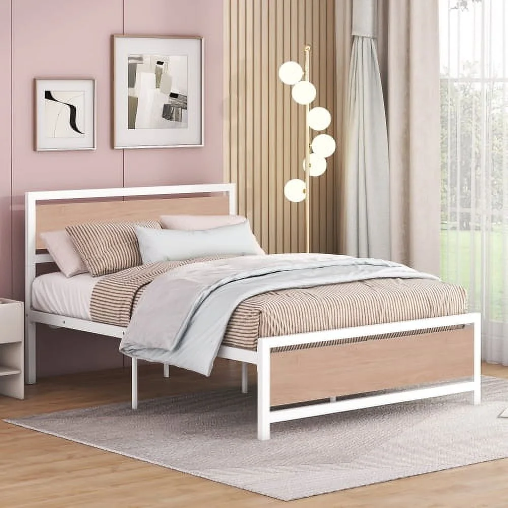 Full Size Platform Bed, Metal and Wood Bed Frame with Headboard and Footboard - White