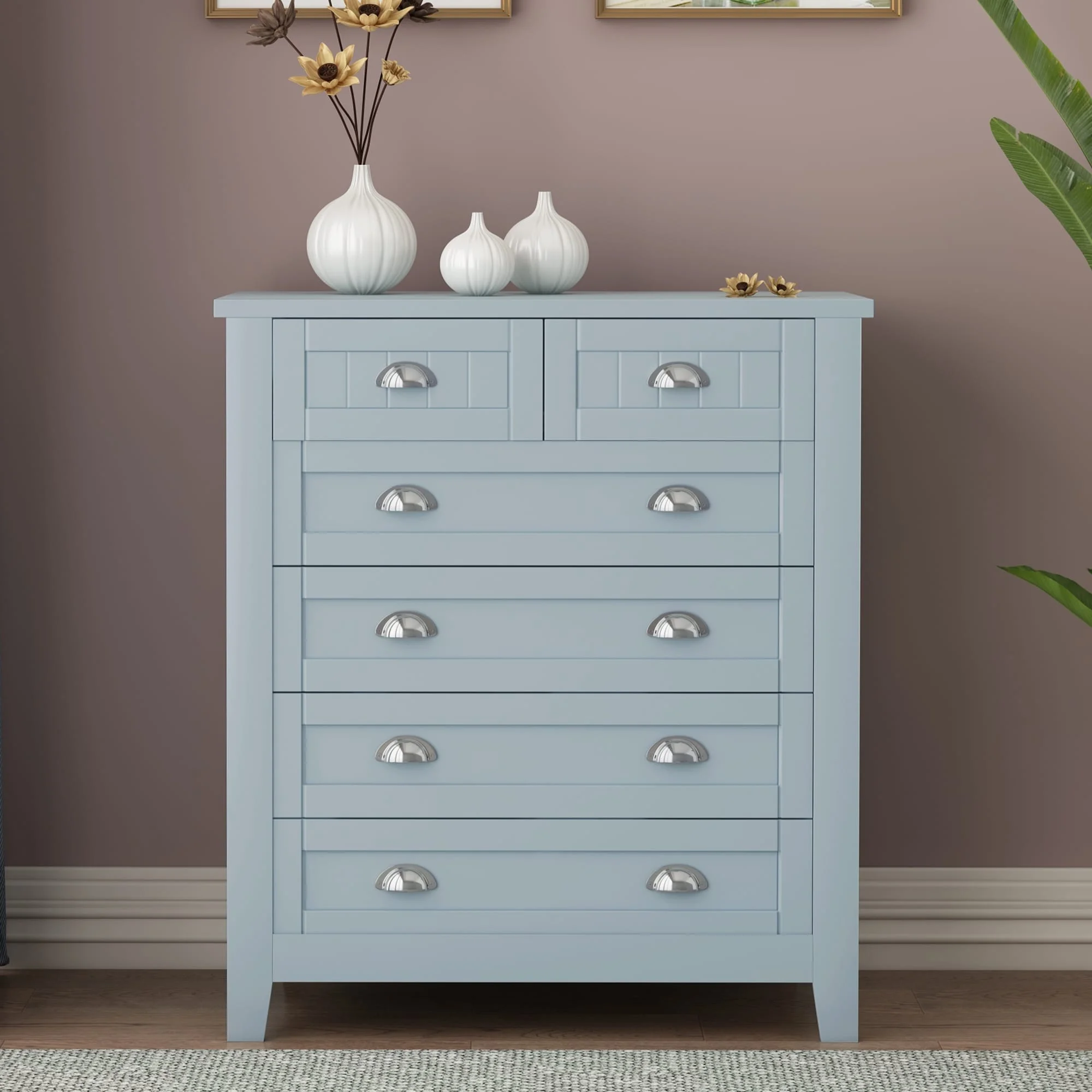 6 Drawer Dresser Tall Chest of Drawers for Bedroom,Retro Dressers & chests of drawers with Shell Handles Blue