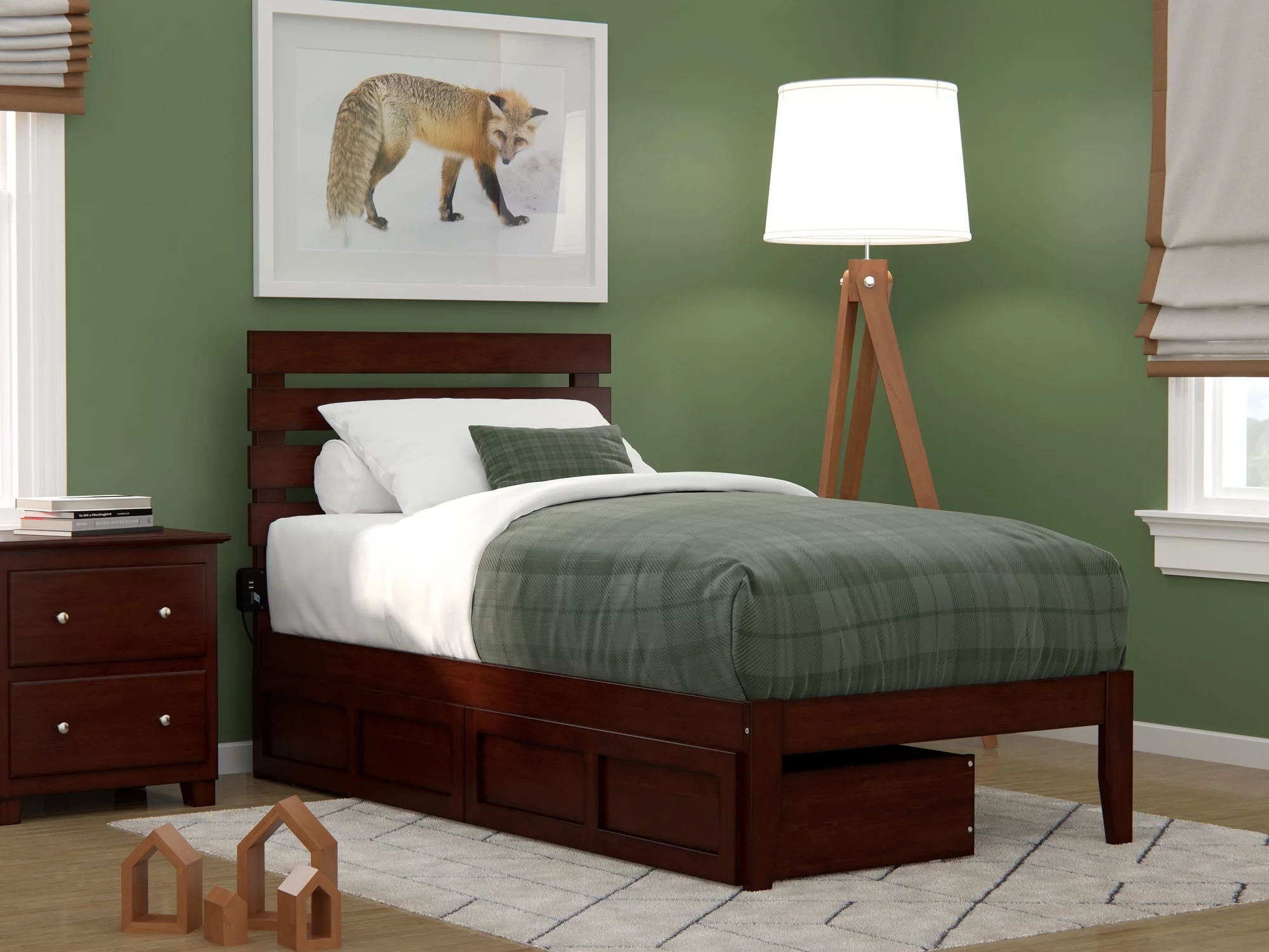 Oxford Twin Bed with USB Turbo Charger and 2 Drawers in Walnut