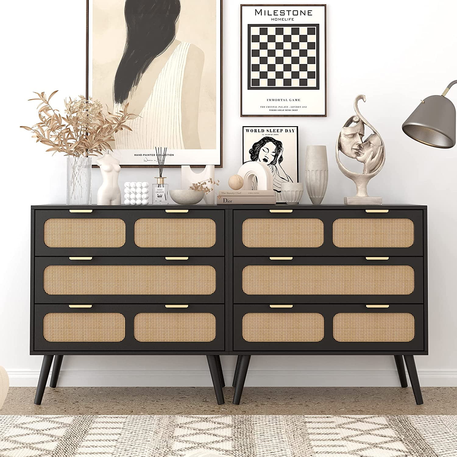 3 Drawer Dresser, Modern Rattan Dresser Chest with Wide Drawers and Metal Handles, Farmhouse Wood Storage Chest of Drawers for Bedroom, Living Room, Hallway, Entryway (Black)