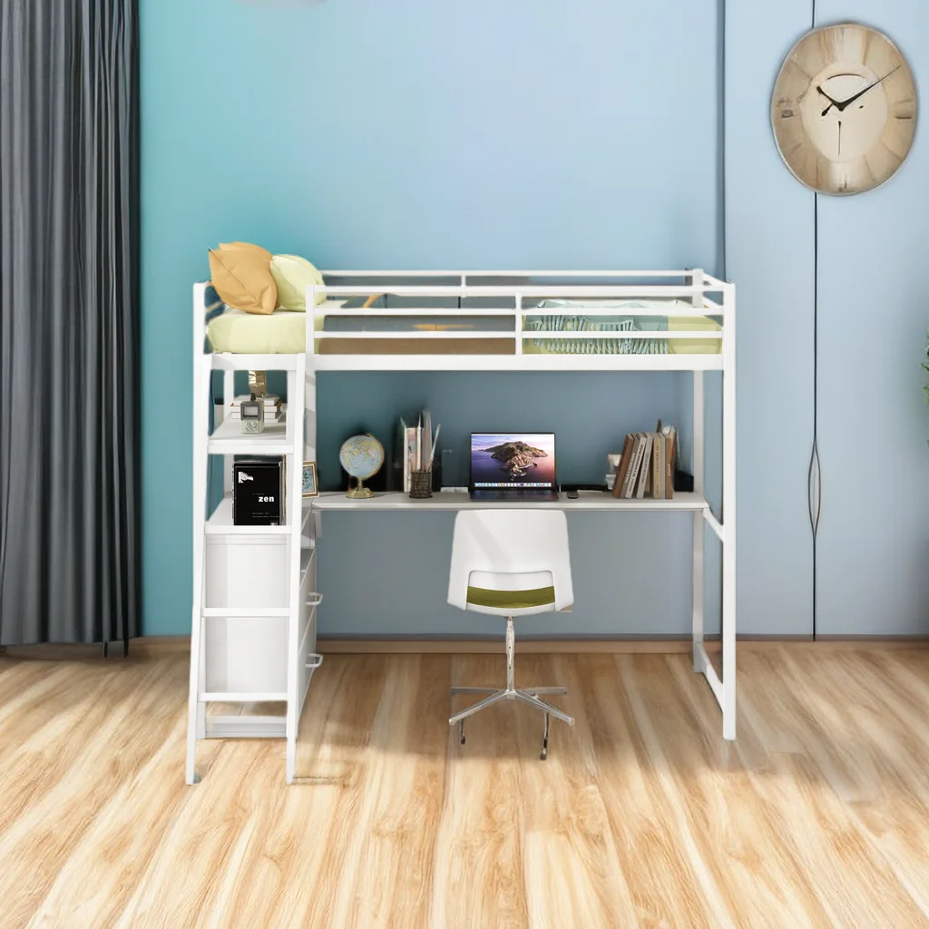 Twin Size Metal&Wood Loft Bed with Desk and Shelves, Two Built-in Drawers