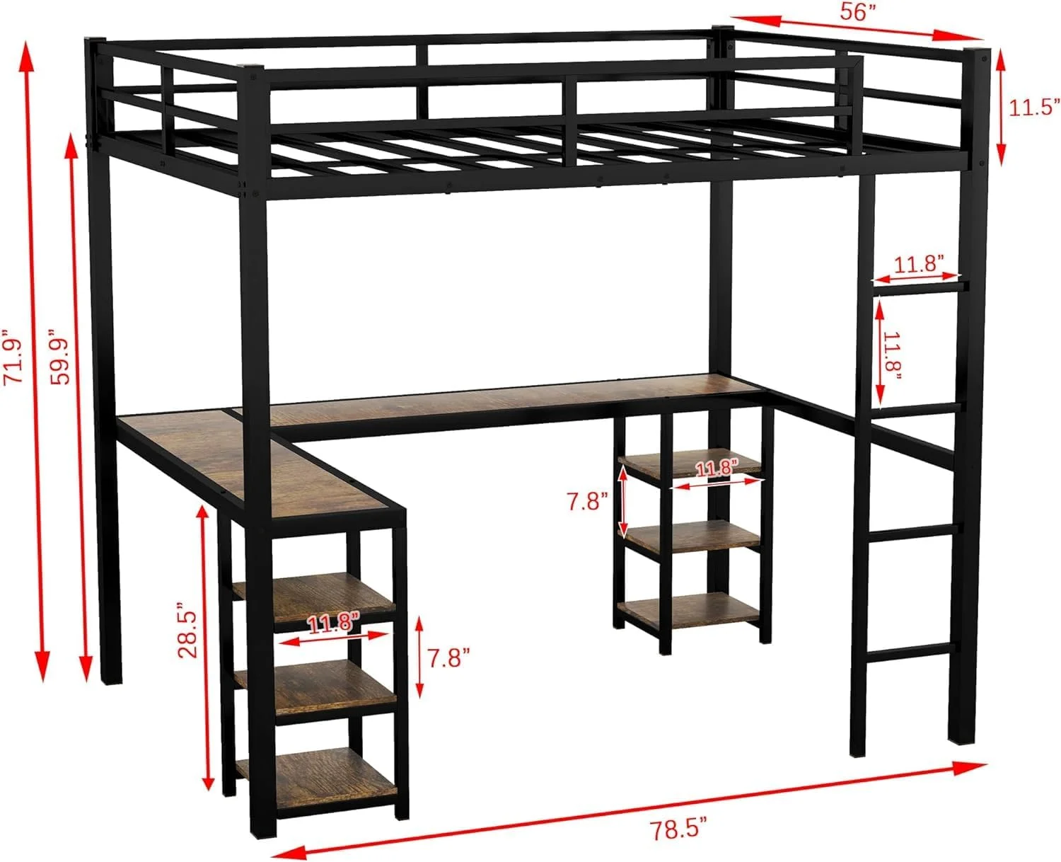 Metal Full Size Loft Bed, Loft Bed Full With L-Shape Desk Ad 6 Shelves, Space Savig Full Loft Bed With Desk Udereath For Kids,Tees,Girls,Boys,Black