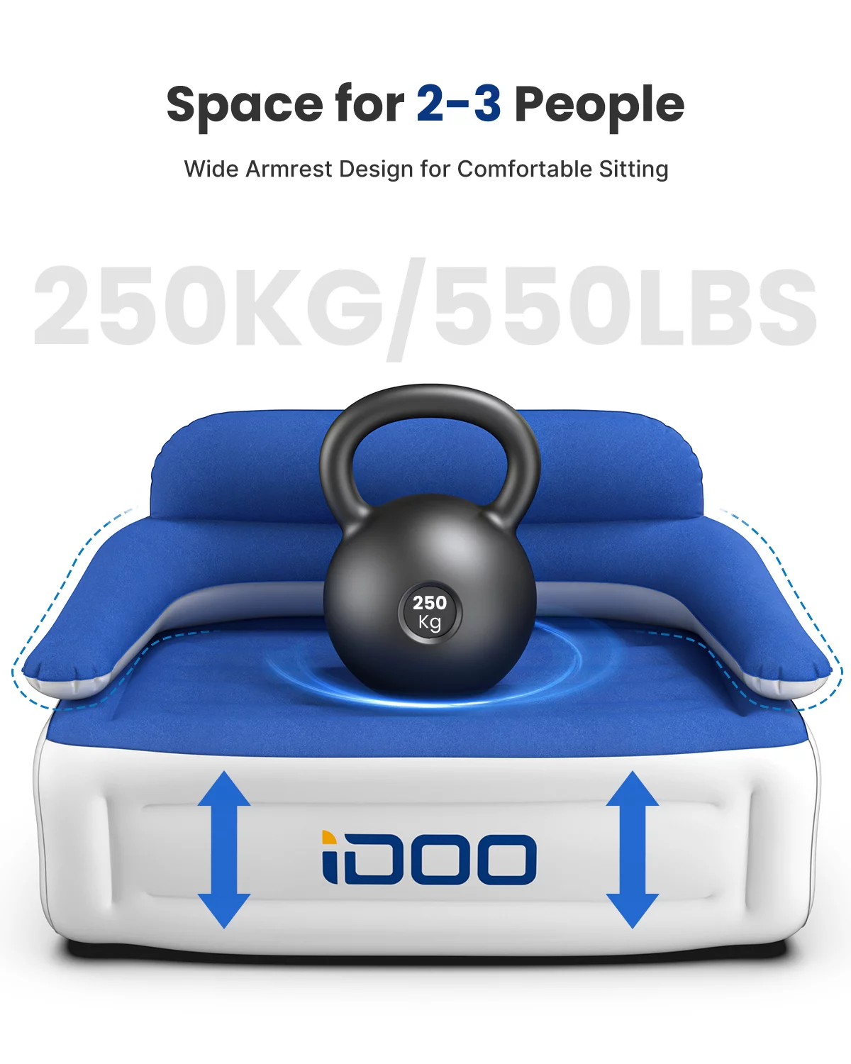 iDOO Inflatable Sofa Couch, Air Lounger Chair with Built-in Pump for Camping, 3 Seater Blue