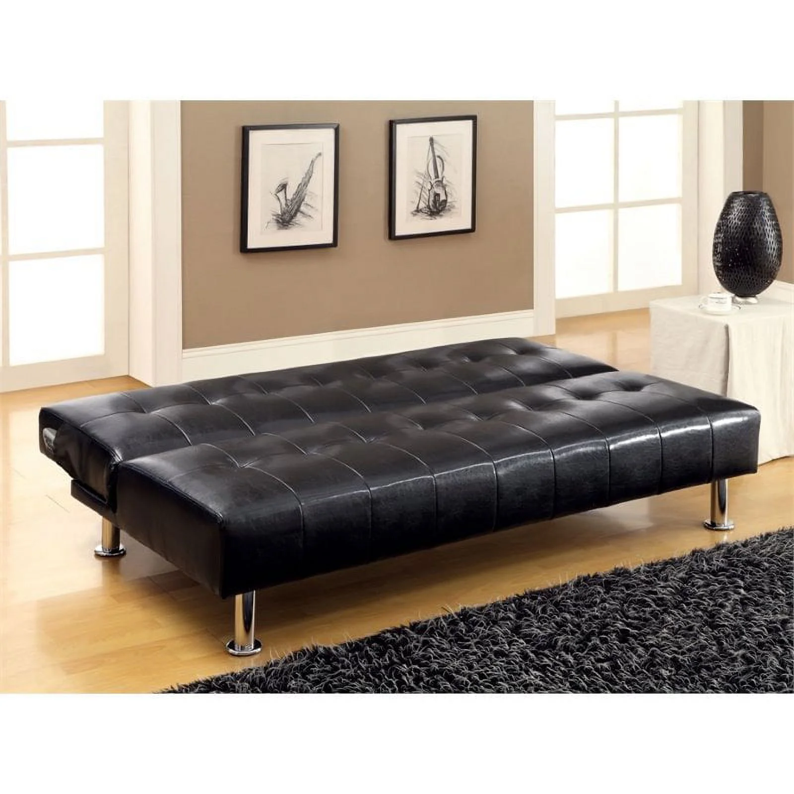 Furniture of America Hollie Contemporary Faux Leather Sleeper Sofa Bed in Black