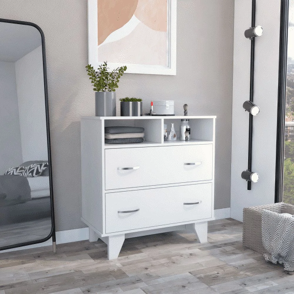 Two Drawer Dresser, Two Open Shelves, Superior Top, Four Legs - White