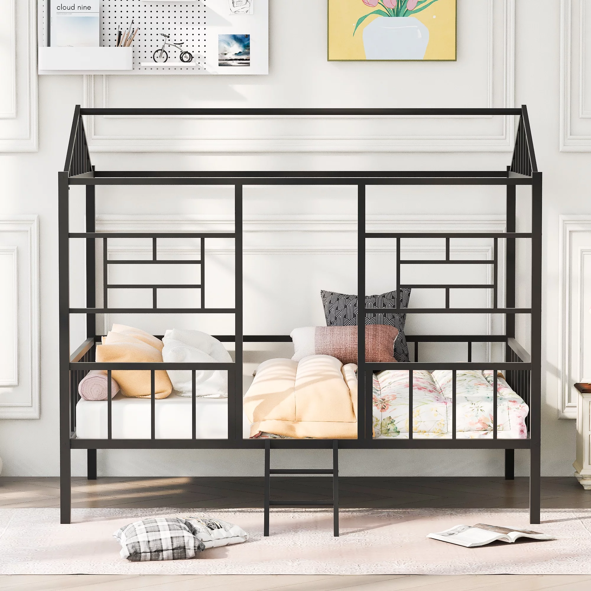 CoSoTower Metal House Bed Frame Full Size With Slatted Support No Box Spring Needed Black