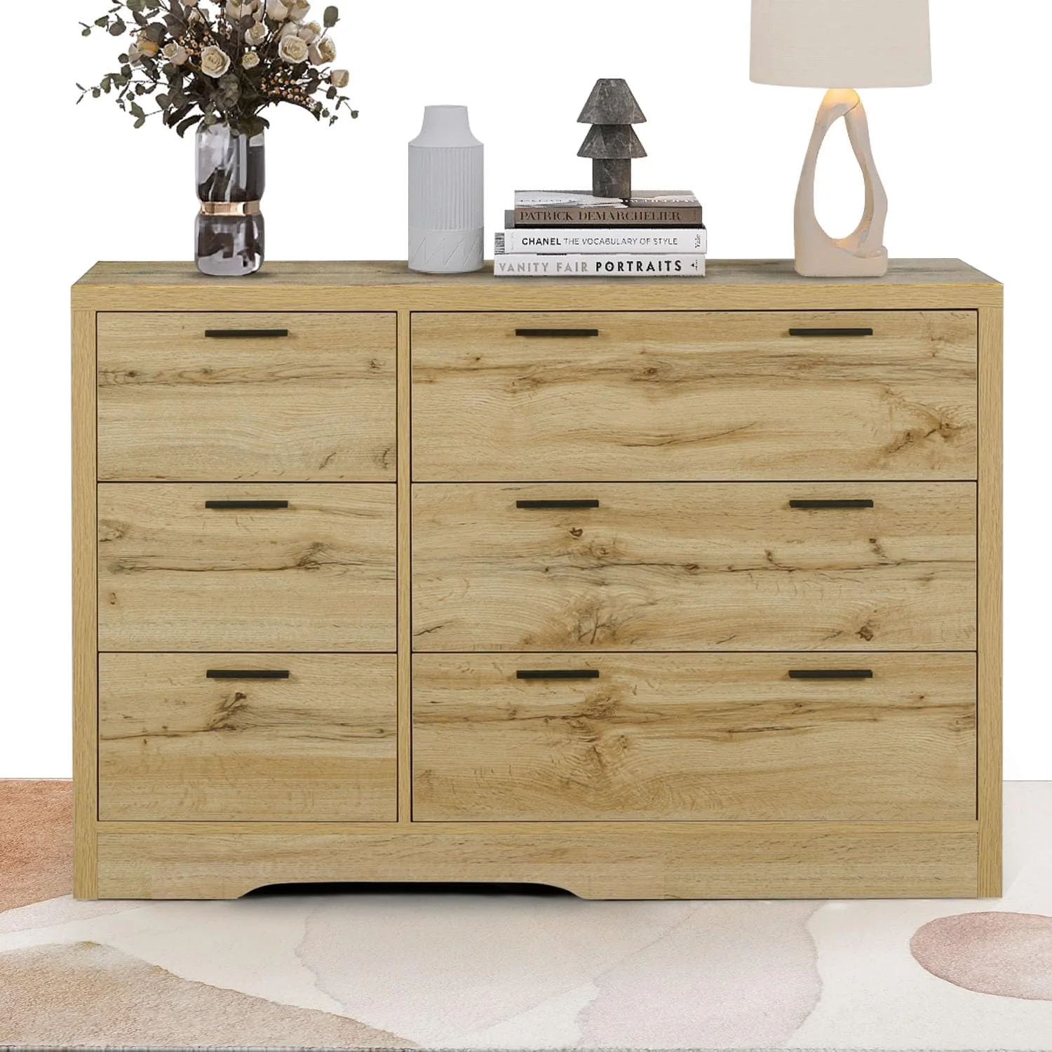 GEROBOOM 6 Drawer Double Dresser 47.2" Wide Chest of 6 Drawers Wooden Farmhouse Dressers for TV Stand Organizer Cabinet for Bedroom Living Room Hallway Entryway