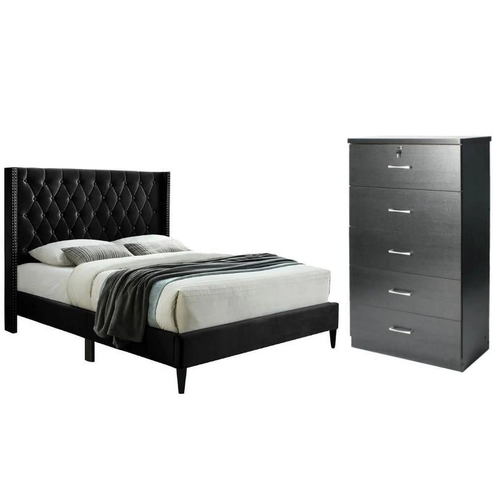 Home Square 2-Piece Set with Tufted Full Bed and Chest Bedroom Dresser in Black