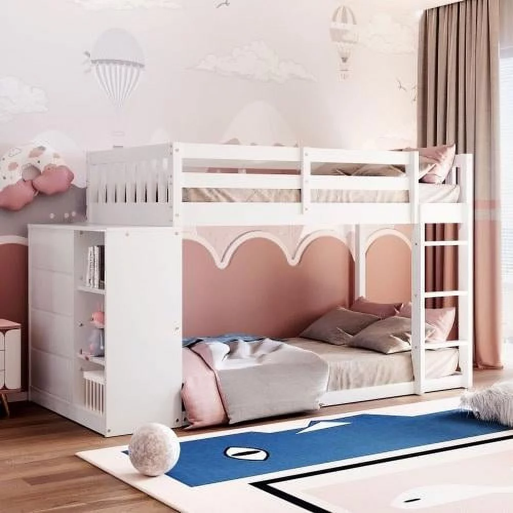 Solid Wood Low Bunk Bed for Kids, Twin Over Twin Floor Bunk Bed with Slide and Stair, Stairway with Storage Shelves/Handrail, Space-Saving Bedroom Dormitory Furniture (White)