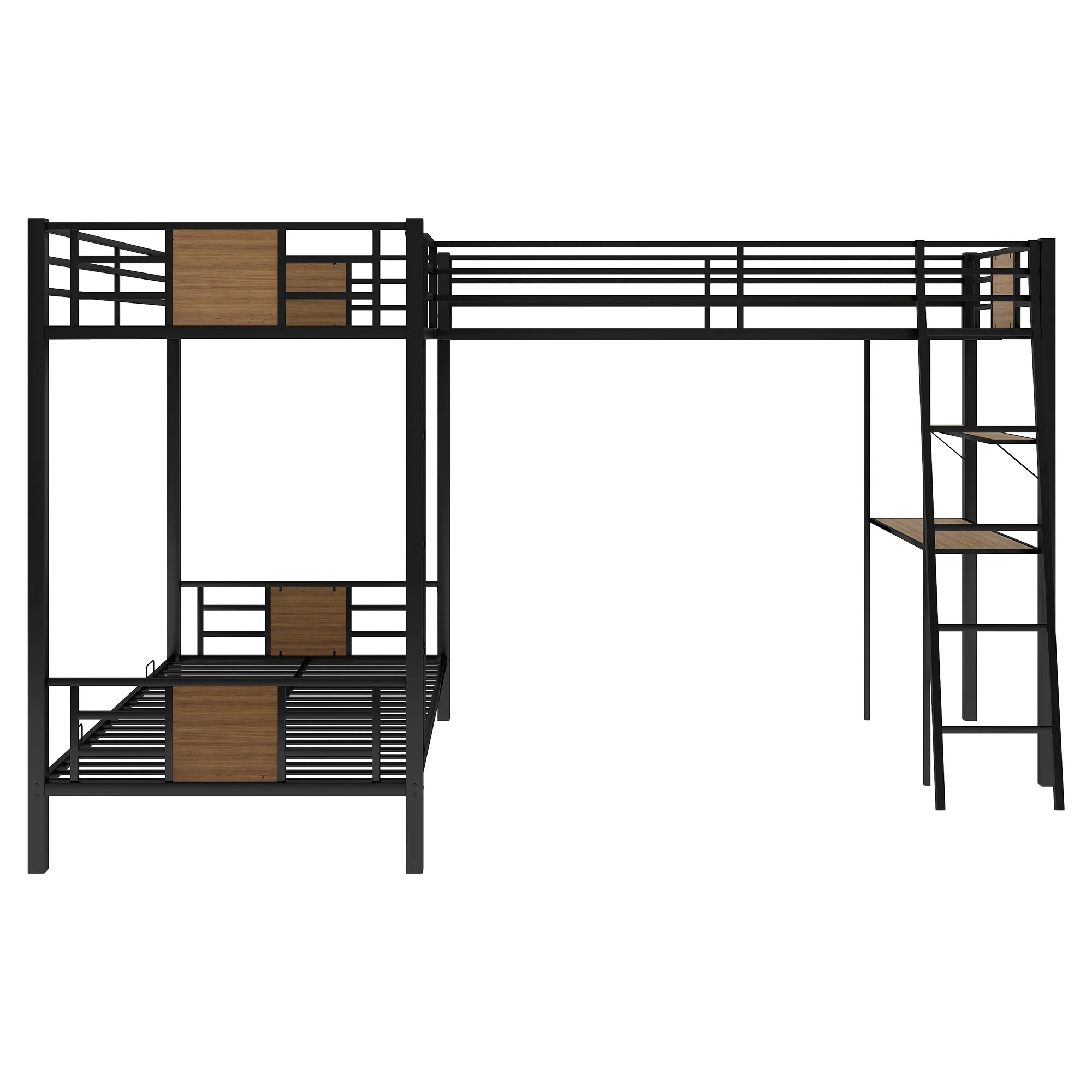 Brown Metal MDF L Shaped Twin over Twin Bunk Bed with Twin Size Loft Bed with Desk and Shelf Maximized Space
