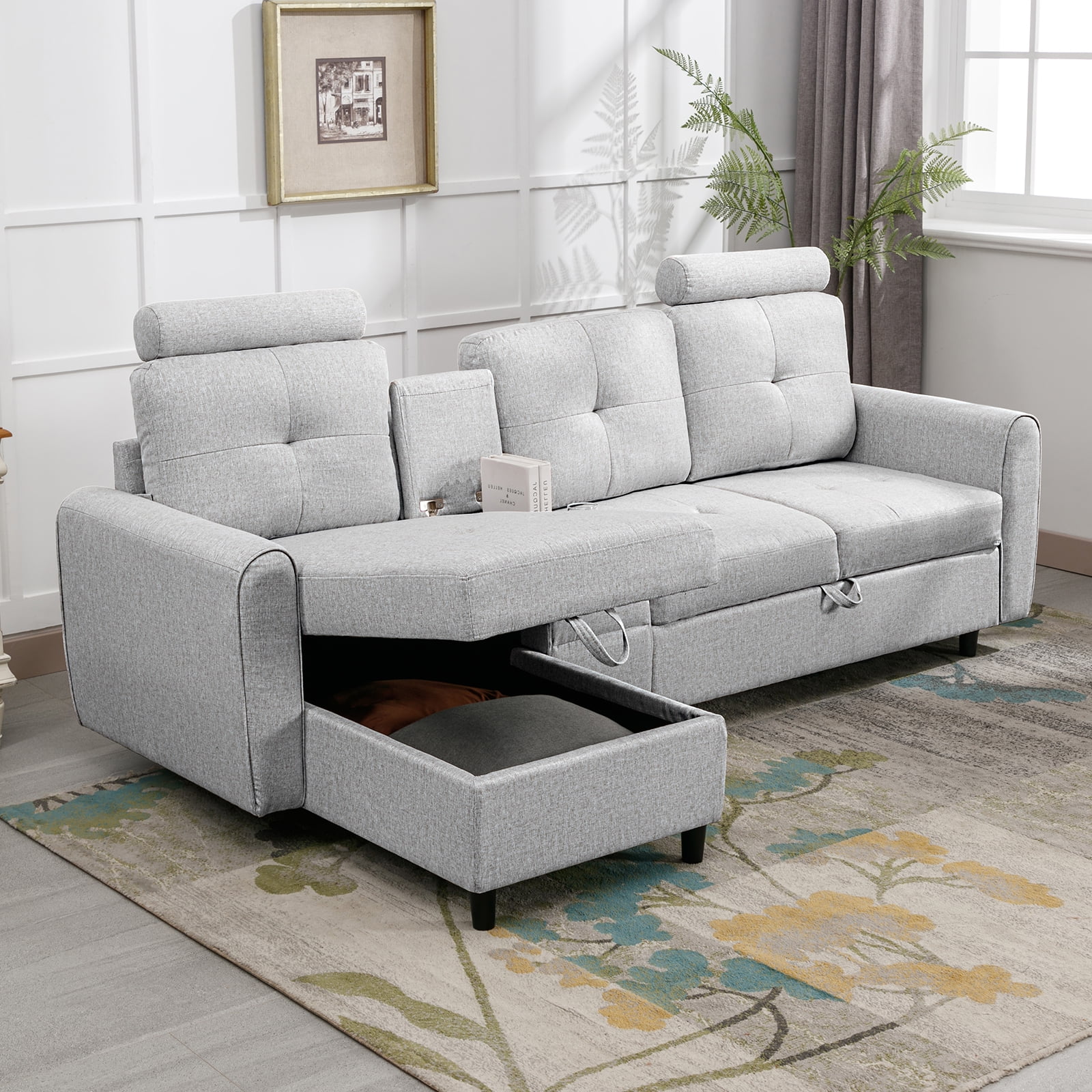 MUZZ Convertible Sectional Sofa Couch,L Shaped Sofa with Reversible Storage Chaise,Modern Sectional Sofa with Cup Holders and Neck Pillows,Sofa Couch for Living Room/Apartment(Light Grey)