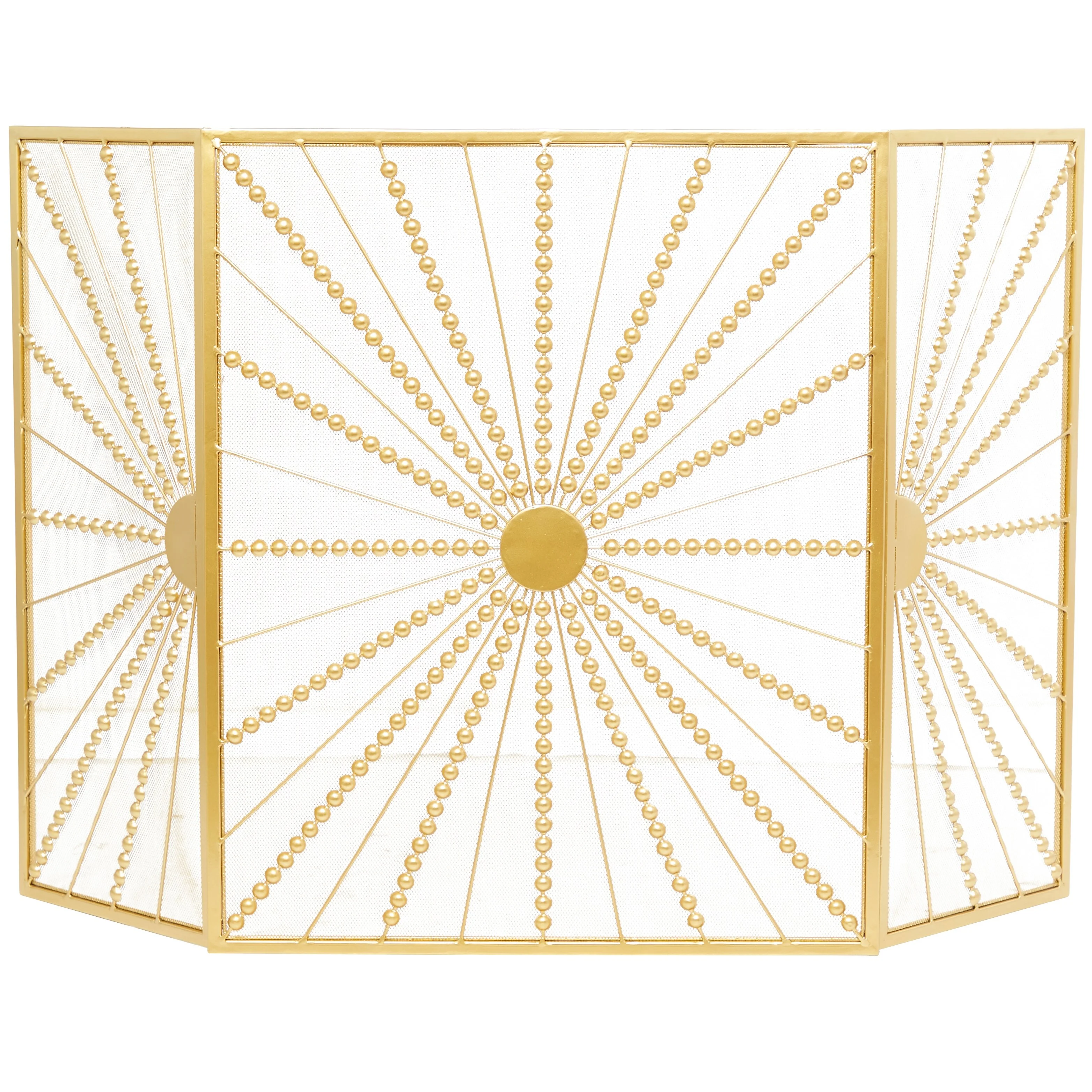 Studio 350 The Novogratz Gold Metal Foldable 3 Panel Starburst Fireplace Screen with Bead Inspired Rays
