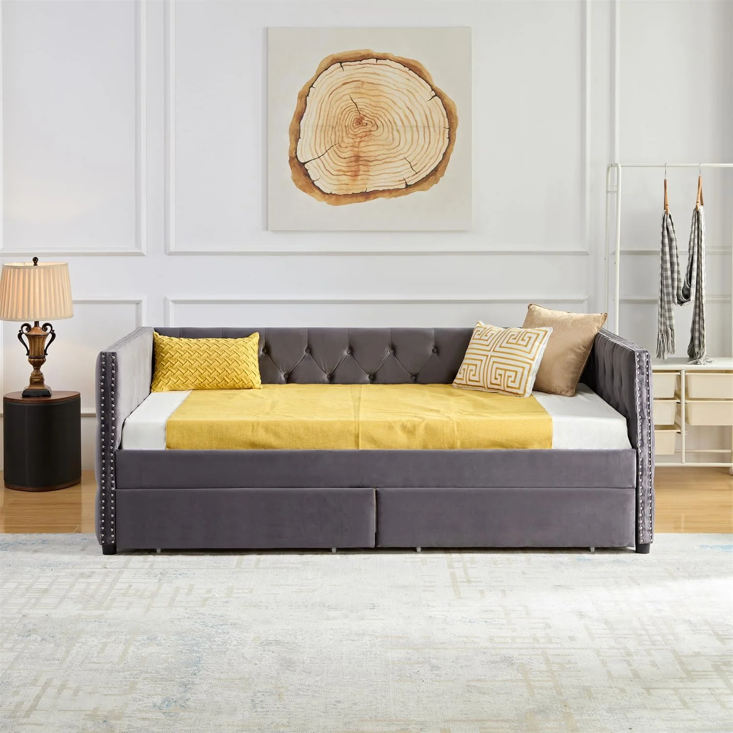 Velvet Upholstered Daybed With 2 Storage Drawers, Upholstered Tufted Sofa Bed With Nail Head Trim, Sofa Bed Storage Daybed With Wood Frame, Grey