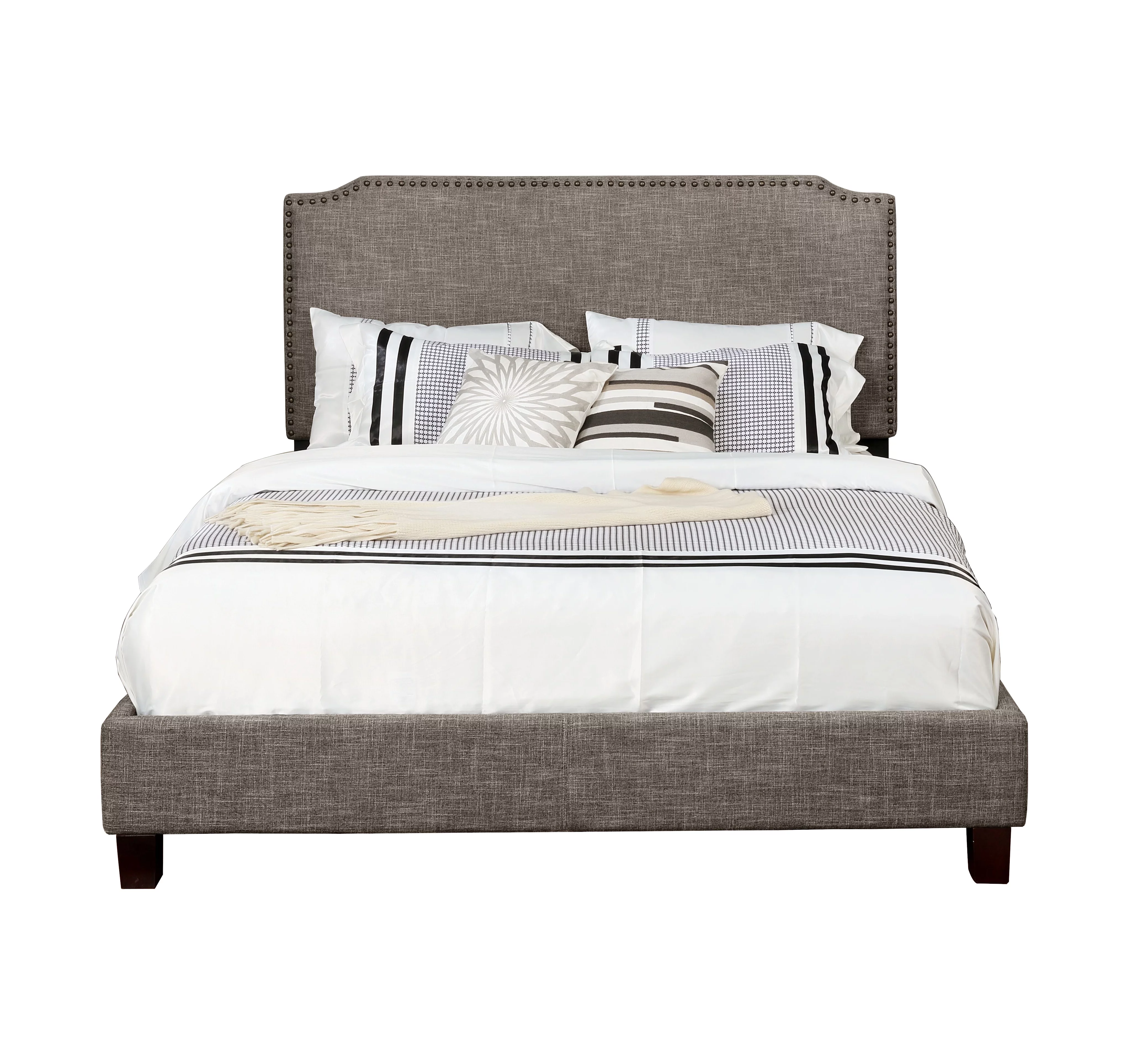 Nathaniel Home Full Size Upholstered Panel Bed with Nailhead Trim, Wood Accents Finish, No Box Spring Required, Brown