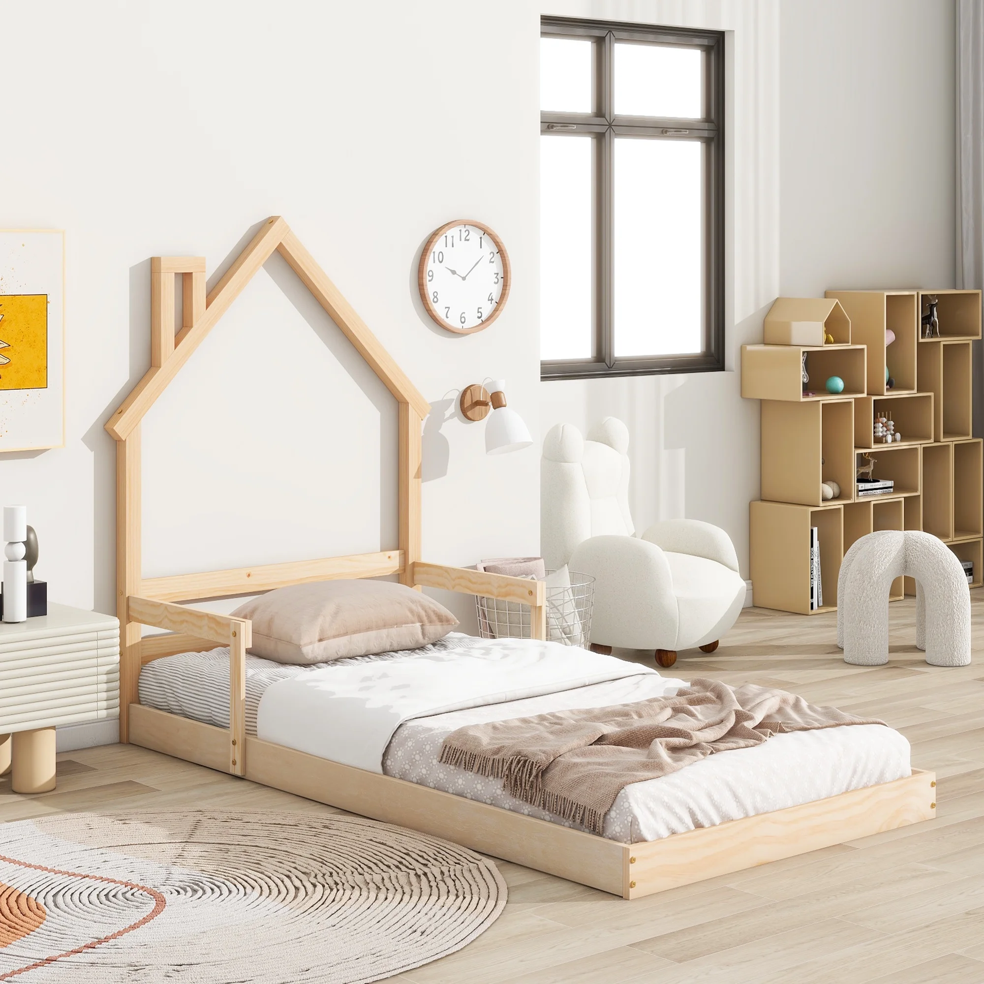 PAPROOS Twin Size Floor Platform Bed with House-Shaped Headboard and Handrails, Solid Wood Floor Bed for Kids Boys Girls, House-Style Twin Bed Frame with Support Slats, No Box Spring Needed, Natural