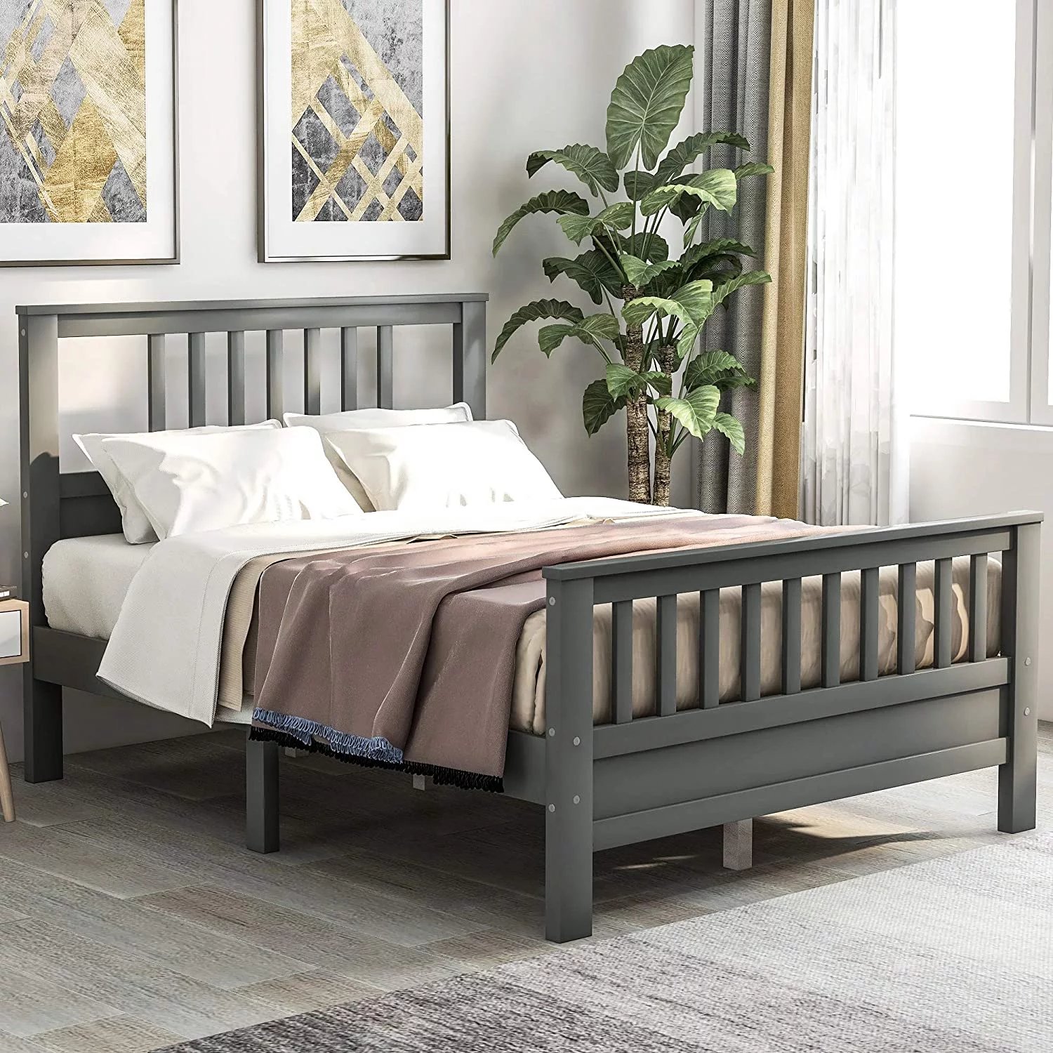 Full Bed Frame, Wood Platform Bed With Headboard & Footboard, Mattress Foundation With Wood Slat Support, No Box Spring Needed, Gray