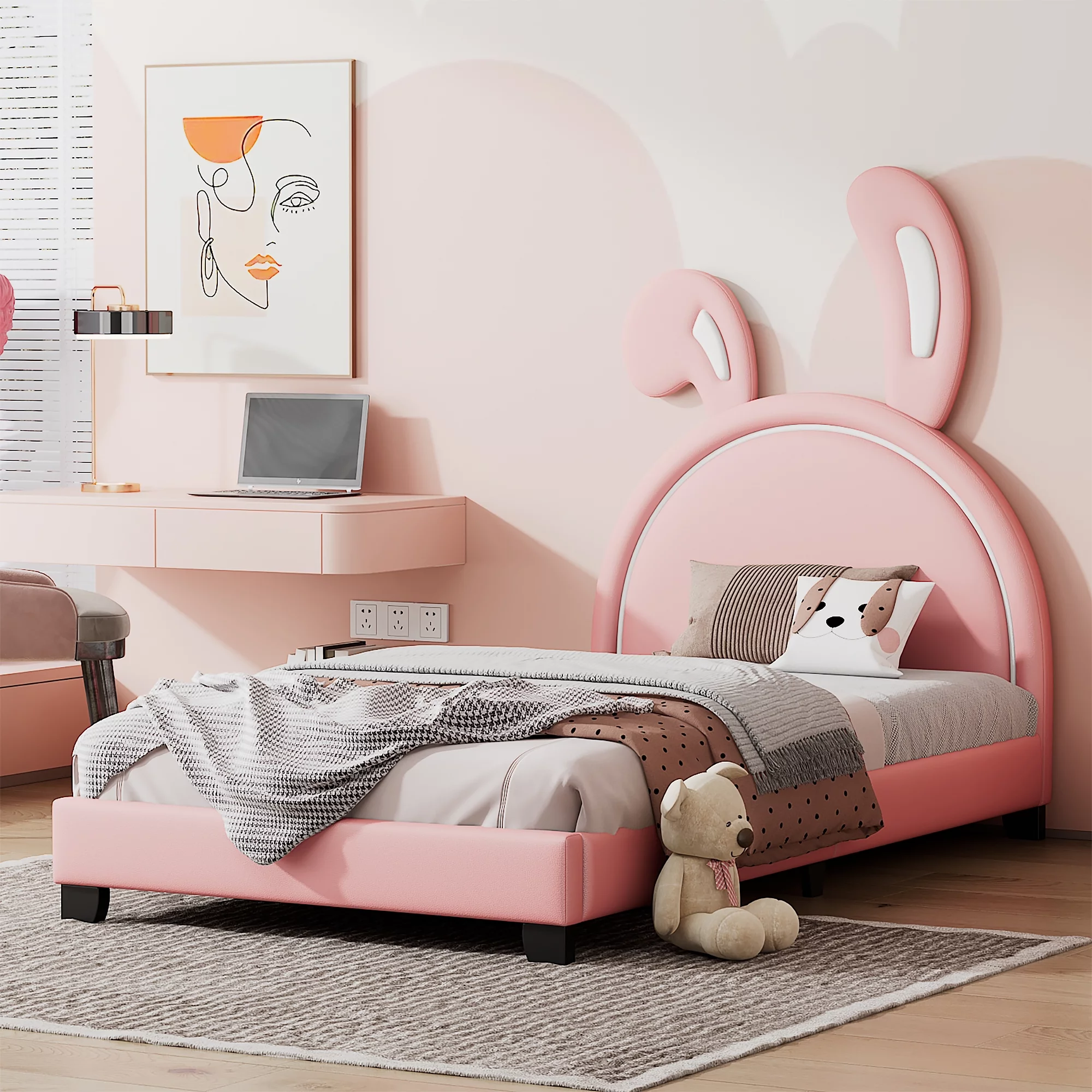 Bellemave Twin PU Leather Upholstered Platform Bed with Bunny Style Headboard Kids Twin Wood Bed Frame Low Toddler Upholstered Princess Bed for Girls, Pink