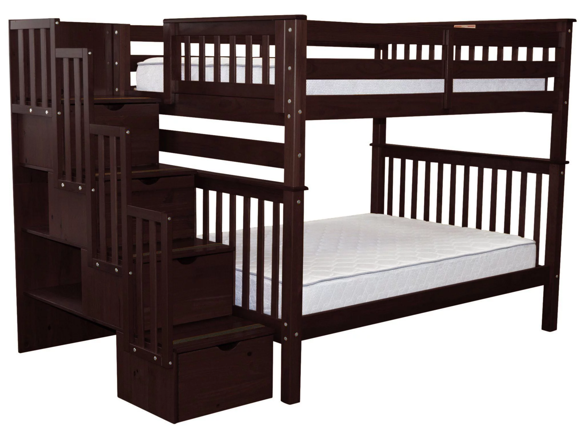 Bedz King Stairway Bunk Beds Full over Full with 4 Drawers in the Steps, Dark Cherry