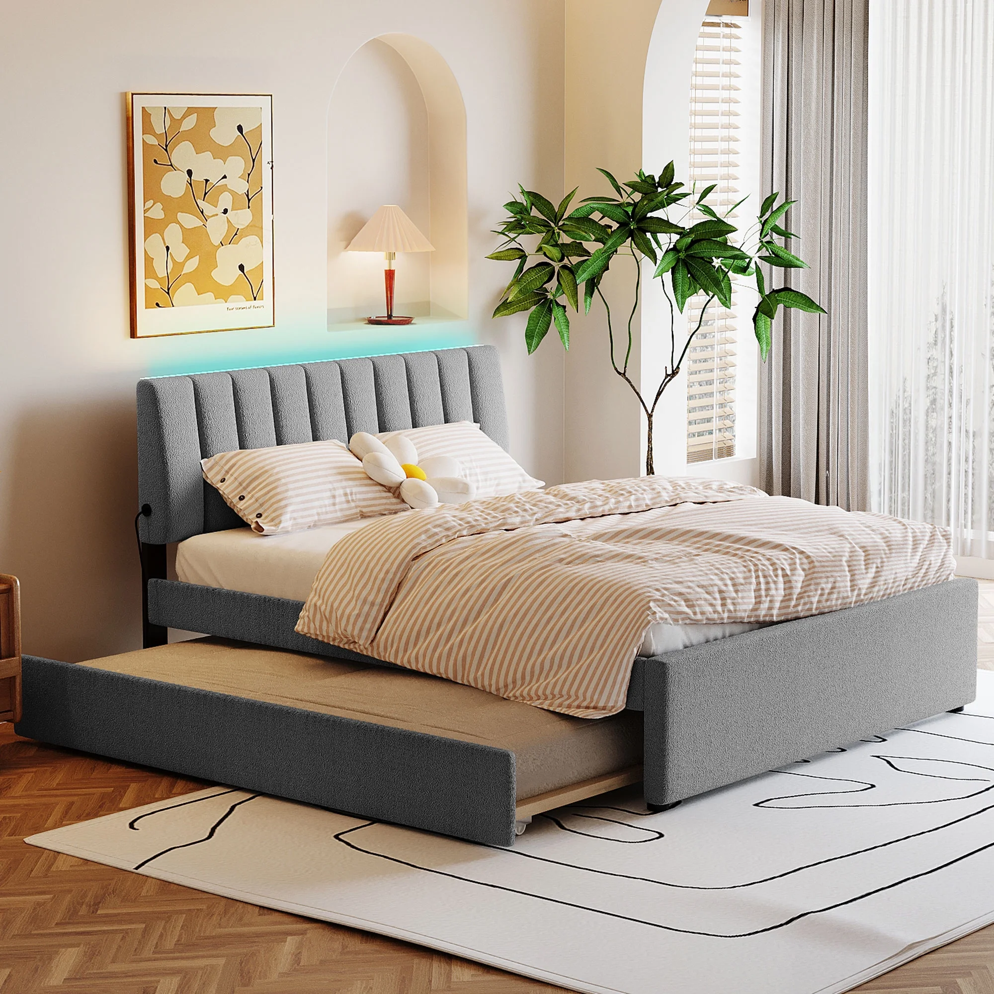 CoSoTower Teddy Fleece Queen Size Upholstered Platform Bed with Trundle, Gray