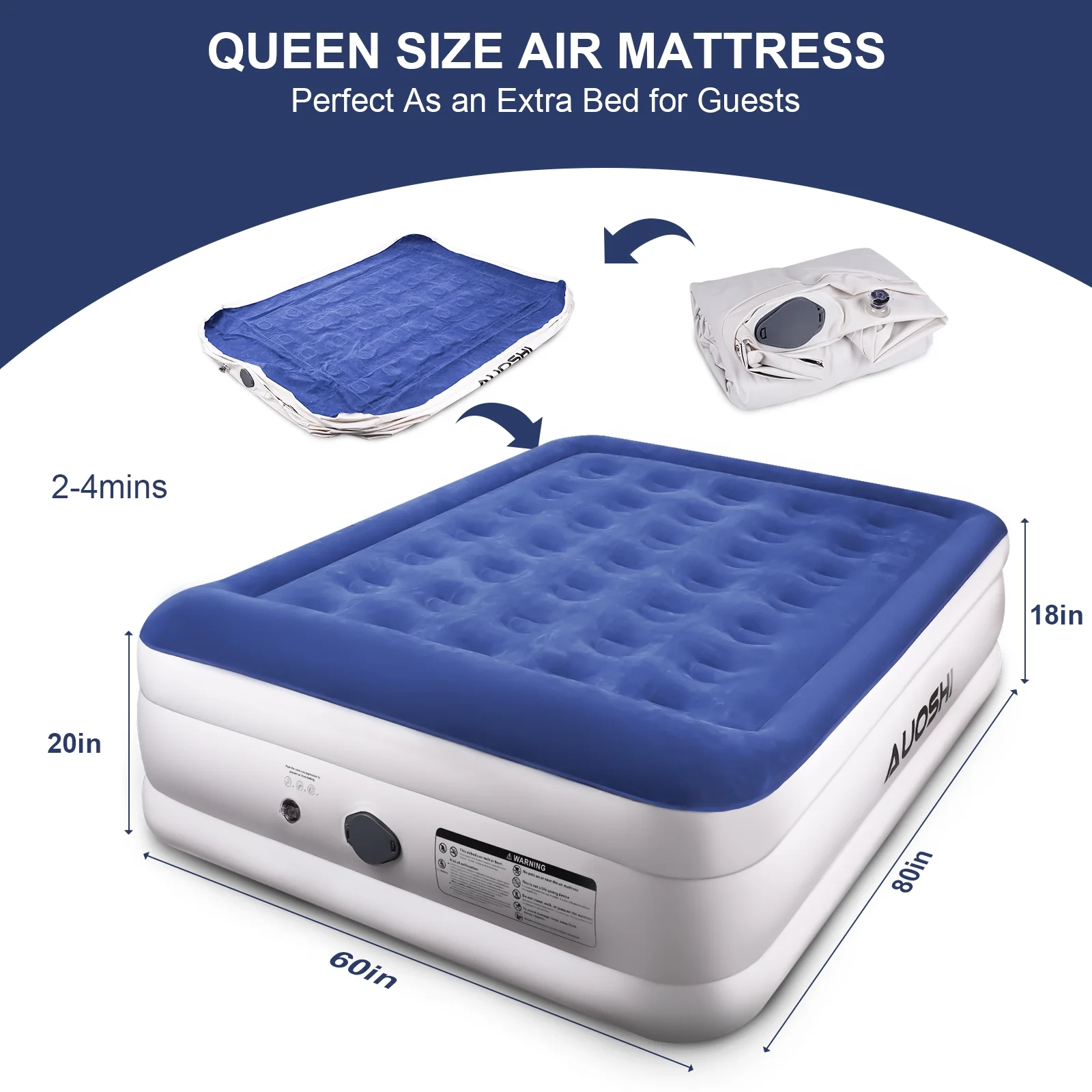 AUOSHI Queen Air Mattress with Rechargeable Built-in Pump 662lb Weight Capacity Luxury Inflatable Air Bed Portable Double Airbed Waterproof Durable Adjustable Blow Up Mattress for Home Camping