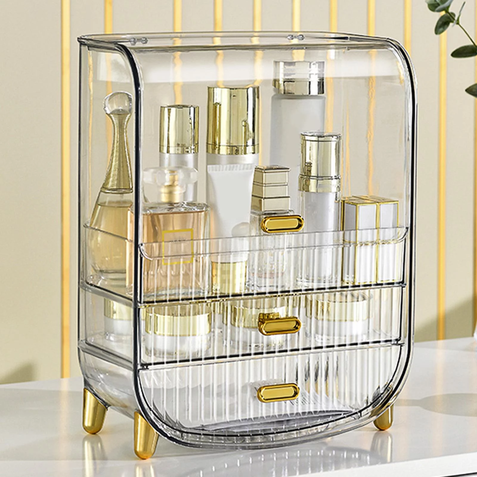 Large Capacity Bathroom Organizer Lidded Make up Case Versatile Makeup Shelf Jewelry Container Bathroom Vanity Tray for Countertop Dresser Clear