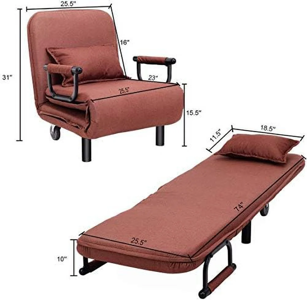 xrboomlife Convertible Sleeper Sofa Chair Bed  Folding Arm Lounge Couch Chair with Pillow and 5 Position Adjustable Backrest  Sleeper Leisure Recliner for Living Room Home Office (Brown)