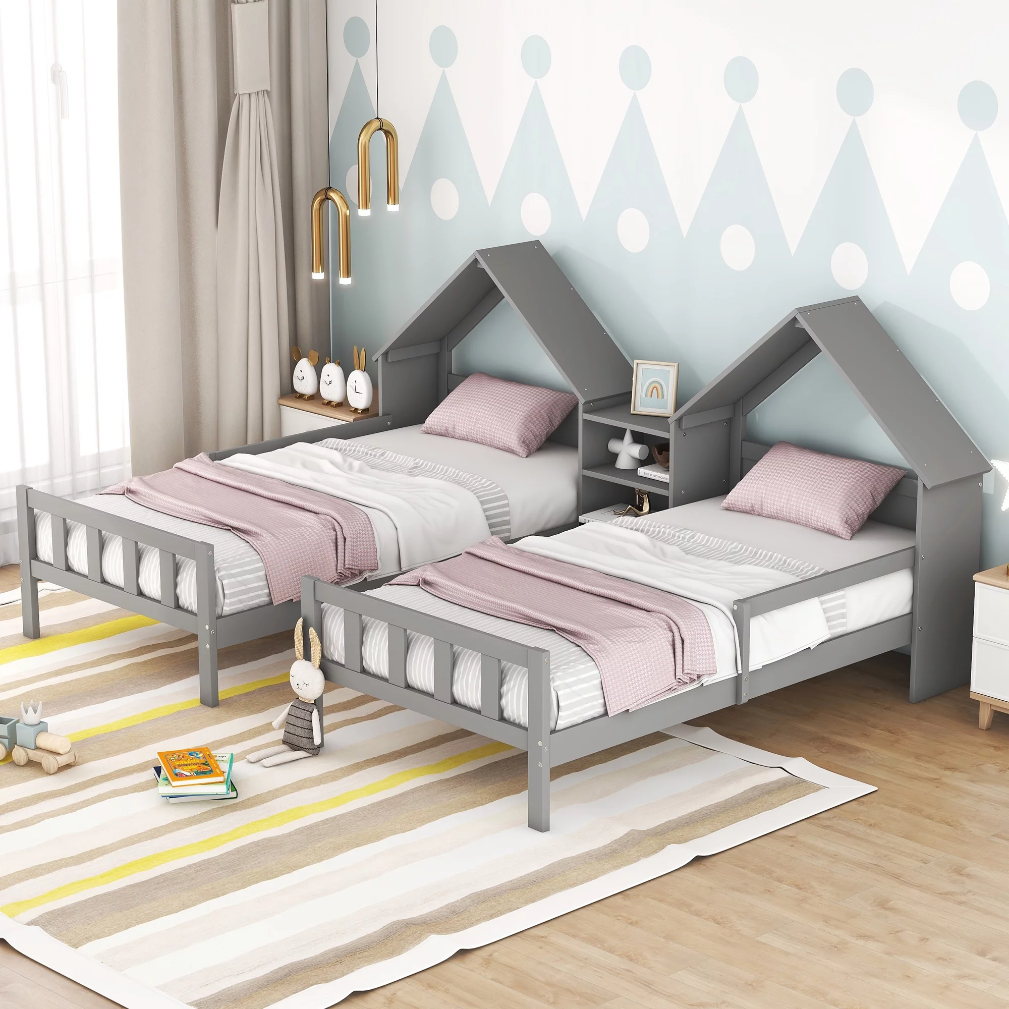 Euroco Twin Size Wood House Platform Bed, Two Beds in One with Desk and Shelf, 2 Platform Beds for More Kids, Gray