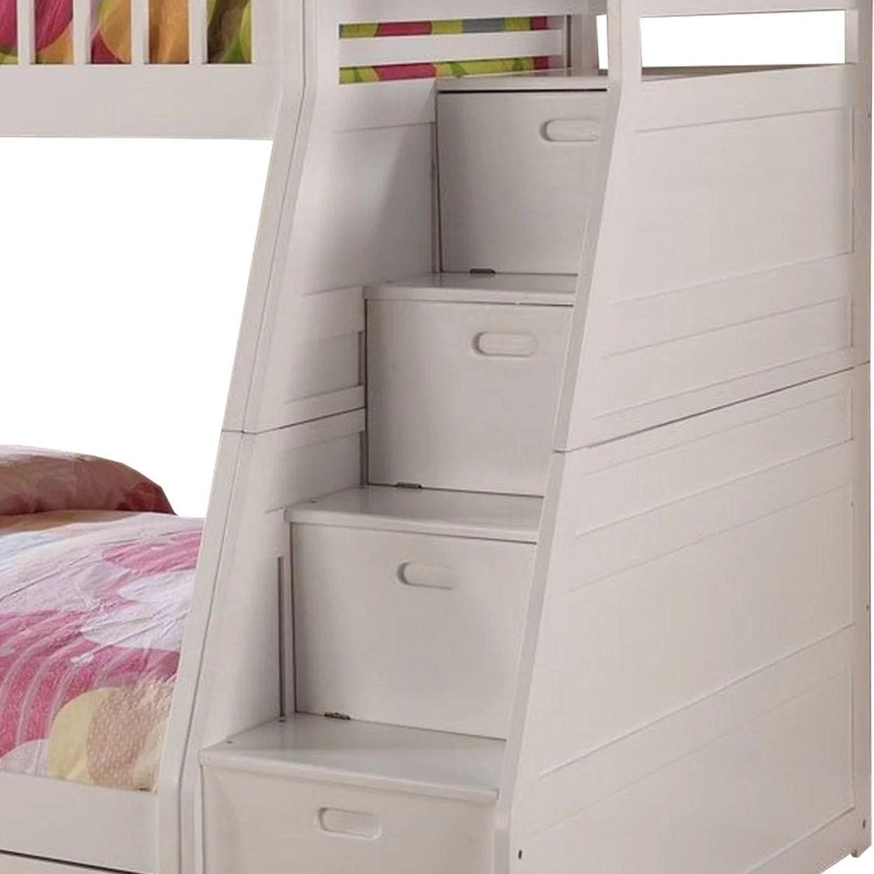 2 Drawer Wooden Twin Over Full Bunk Bed with Storage Staircase, White- Saltoro Sherpi