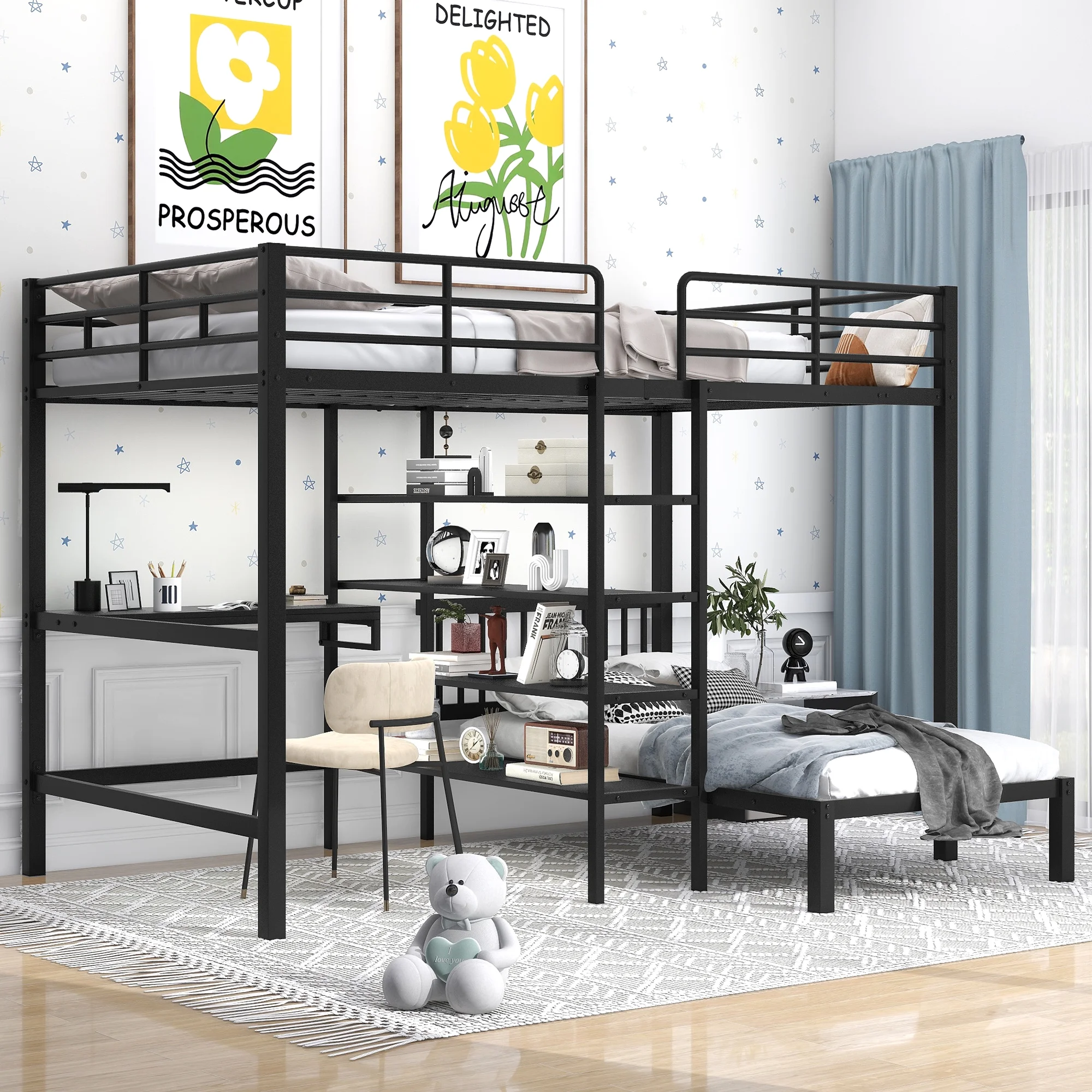 Euroco Full over Twin Bunk Bed, Twin Platform Bed and Full Loft Bed, Built-in Desk and Shelf, Heavy Duty Metal Bed, Storage Bookcase for Kids Teens Adults, No Box Spring Needed