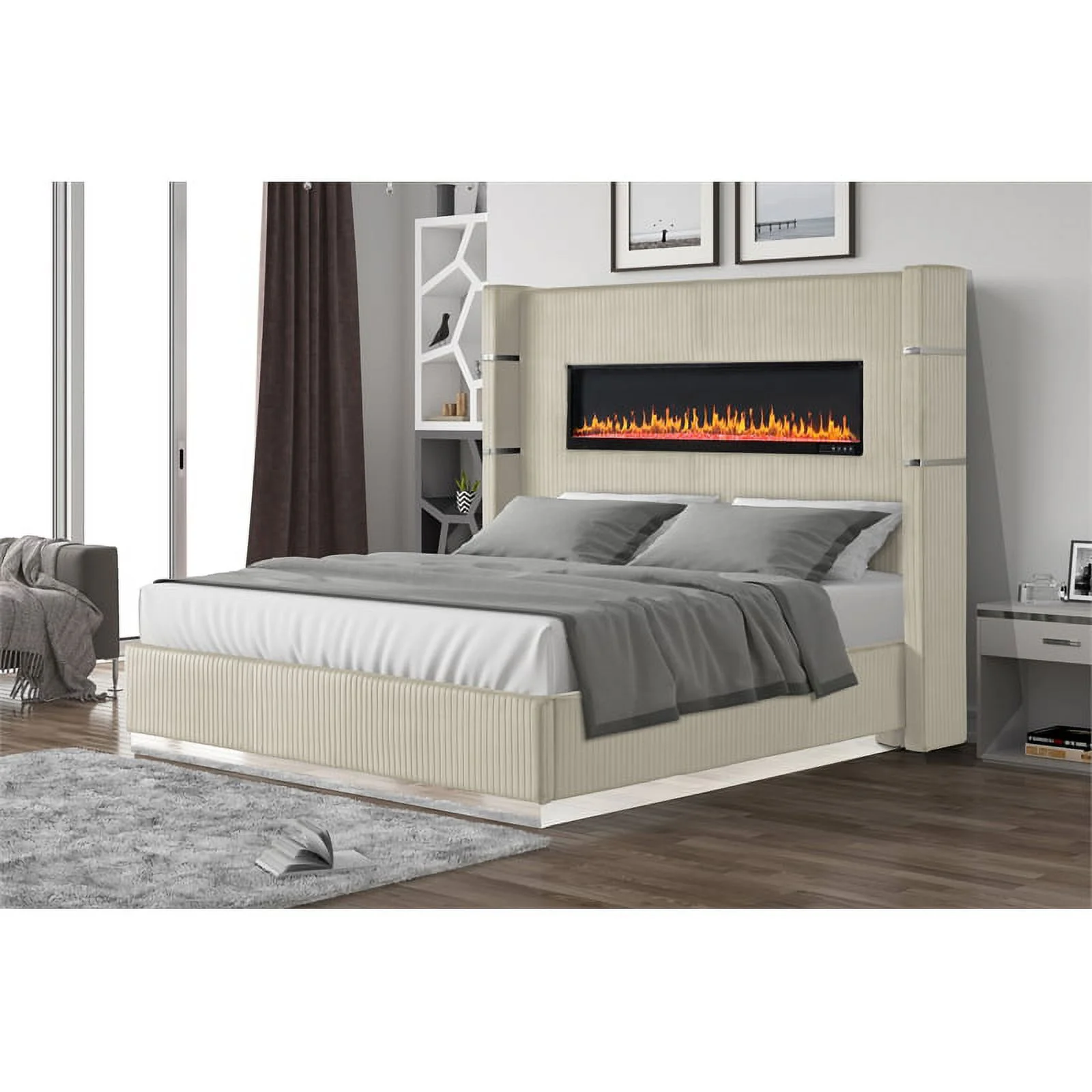 Pemberly Row Upholstery Wooden King Bed w/ Ambient lighting-Beige Velvet Finish