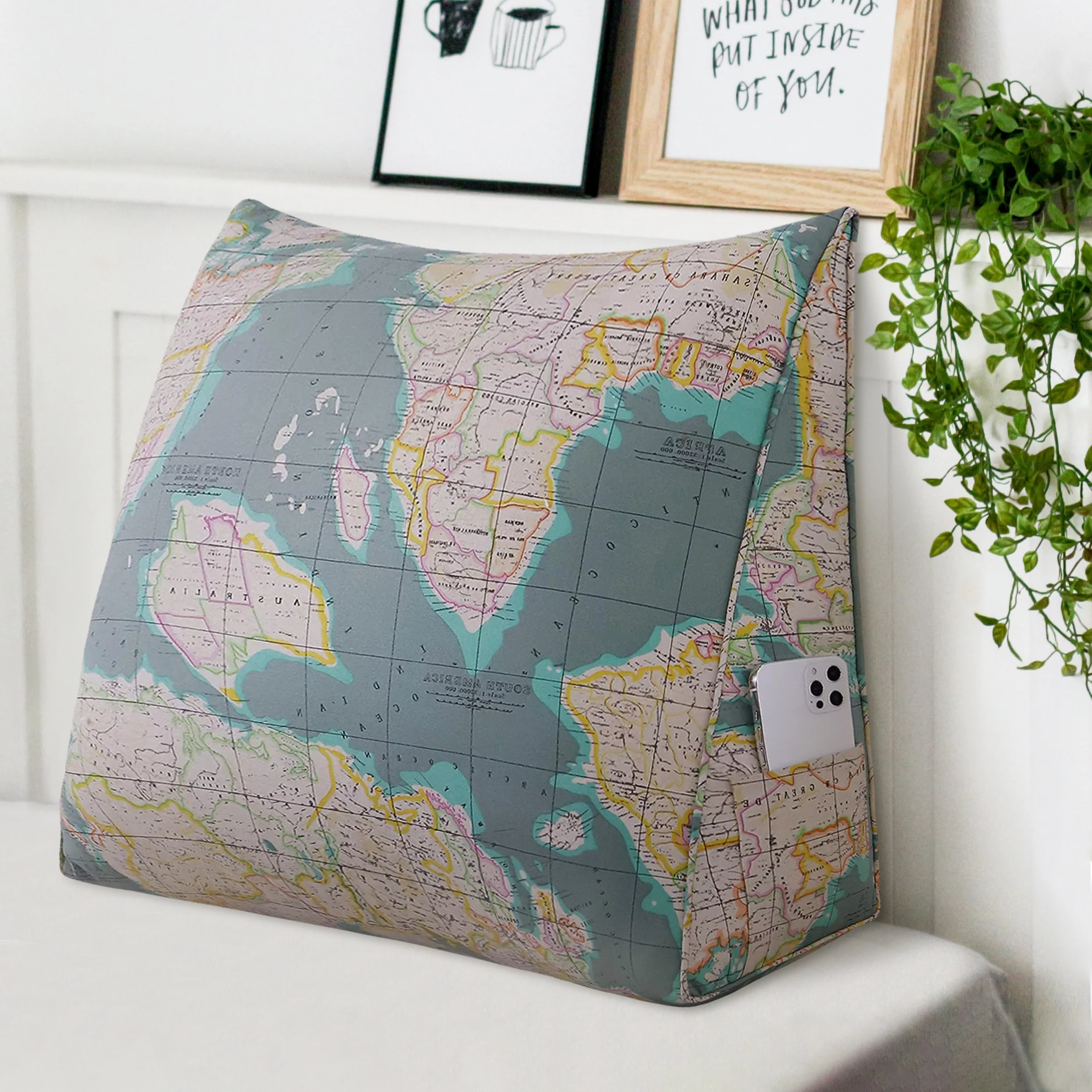 Rounuo Wedge Headboard Pillow for Twin Bed Back Support Bed Rest Cushion Couch Daybed Lounge Sofa Backrest 100% Cotton Blue Butterfly -24 x 8 x 20 Inch Map Green