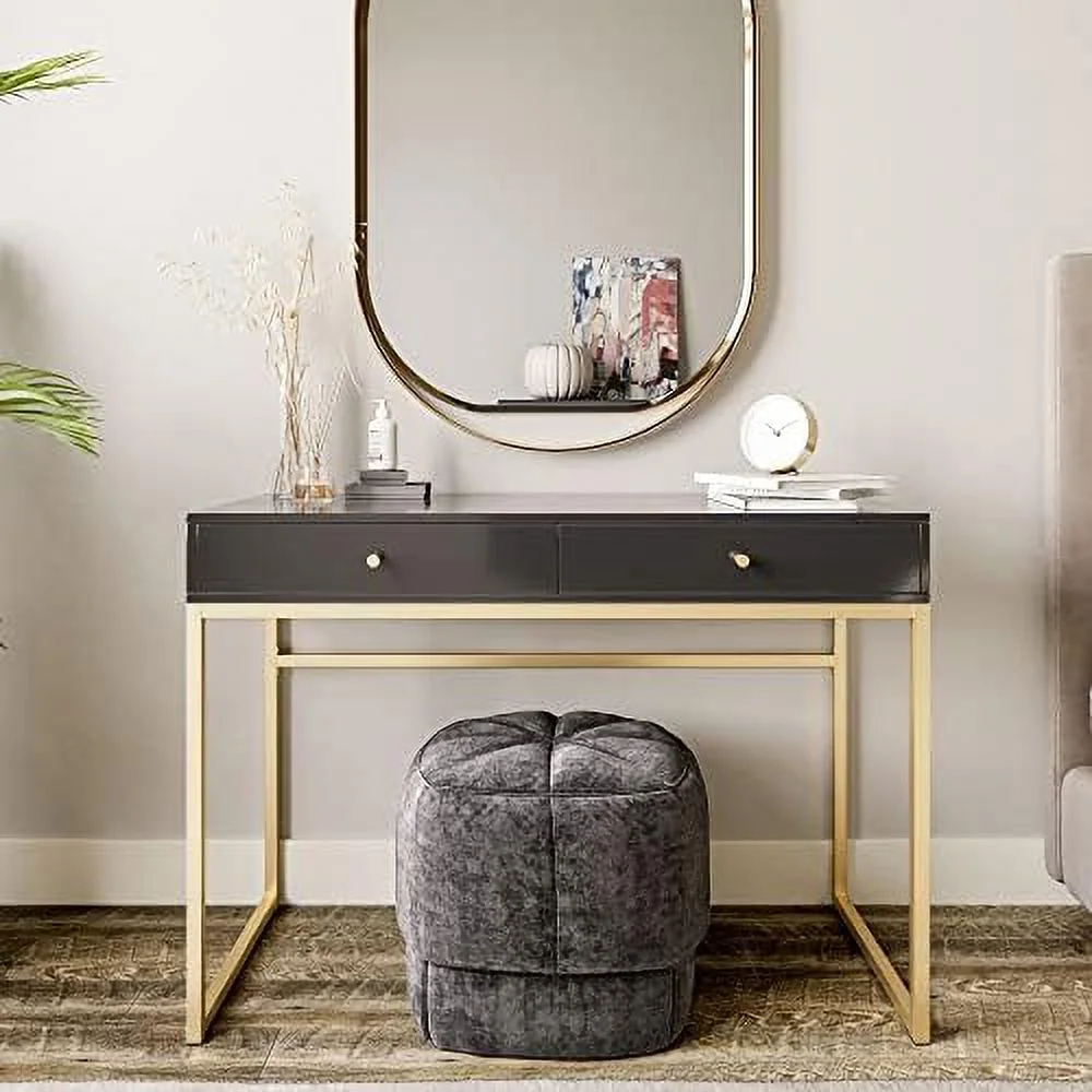 KBANZIBIU Modern 45 Inch Makeup Vanity Dressing Table or Home Office Computer Laptop Writing Desk with Two  Drawers  Wood Top  and Gold Metal Frame - Chelsea (Black)