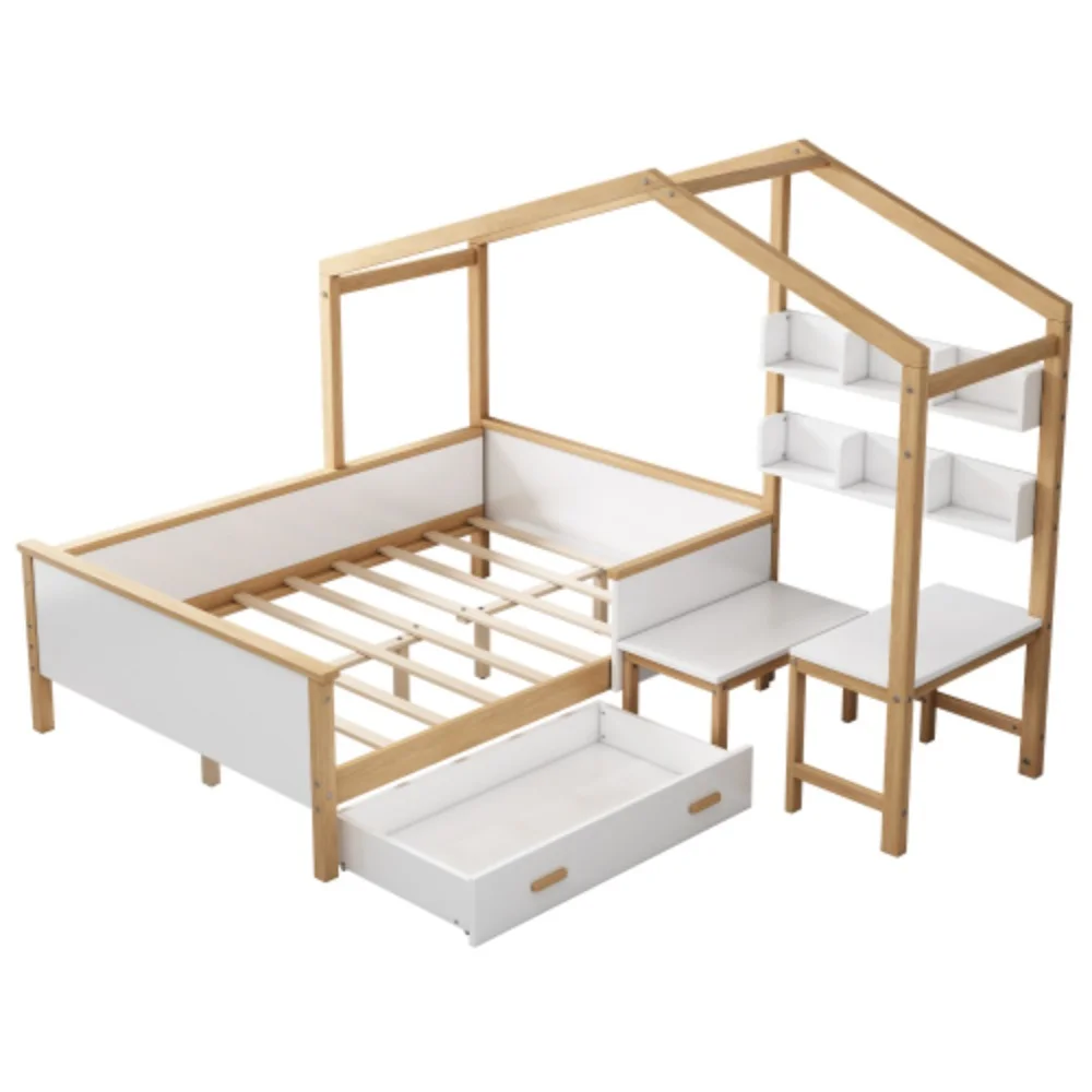 Full Size Wooden House Bed White and Original Wood Colored Frame with Drawer, Desk and Bookshelf for Children or Guest Room White + Wood