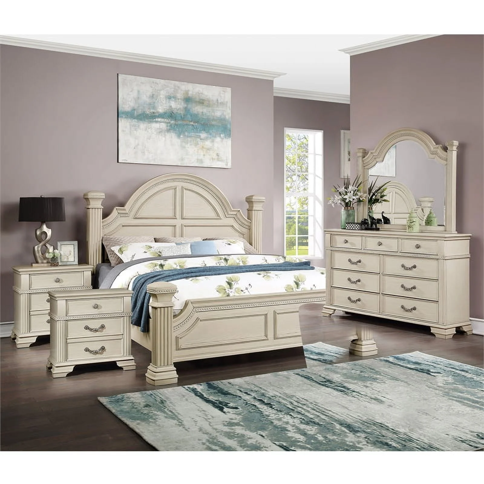 FOA Charo 5pc White Wood Bedroom Set-Cal King + 2 Nightstands + Dresser + Mirror