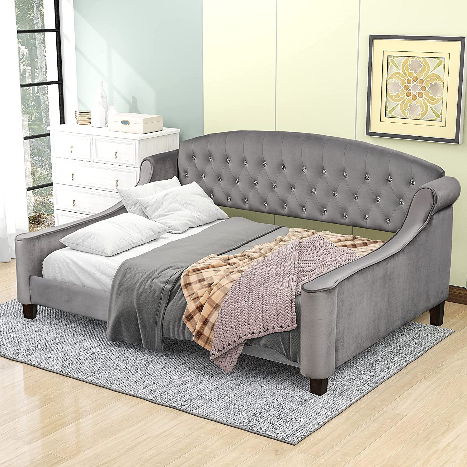 Full Size Daybed, Upholstered Full Size Daybed Sofa Bed For Bedroom Living Room No Box Spring Needed,Grey