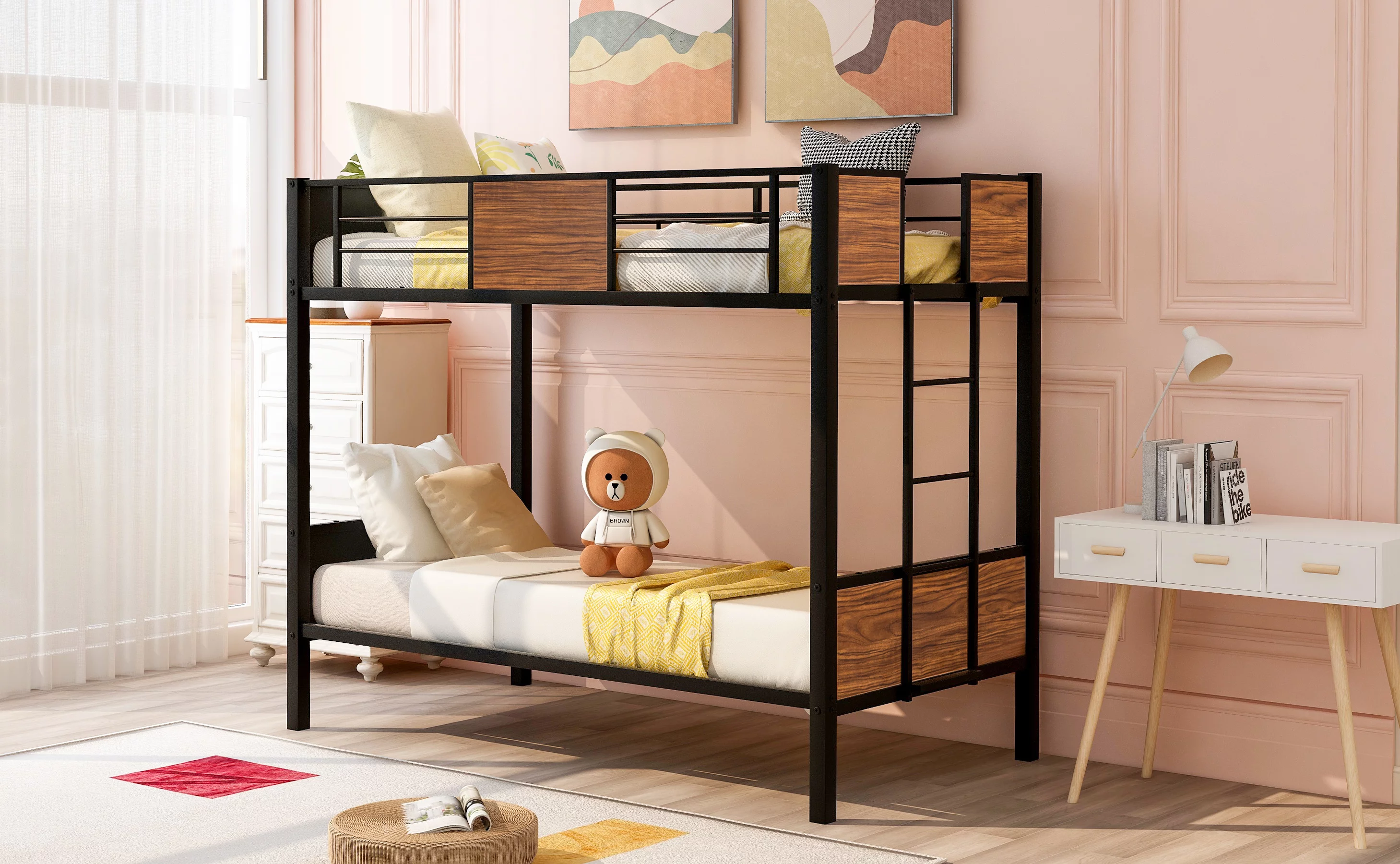 Dcenta Twin-over-twin bunk bed modern style steel frame bunk bed with safety rail, built-in ladder for bedroom, dorm, boys, girls, adults