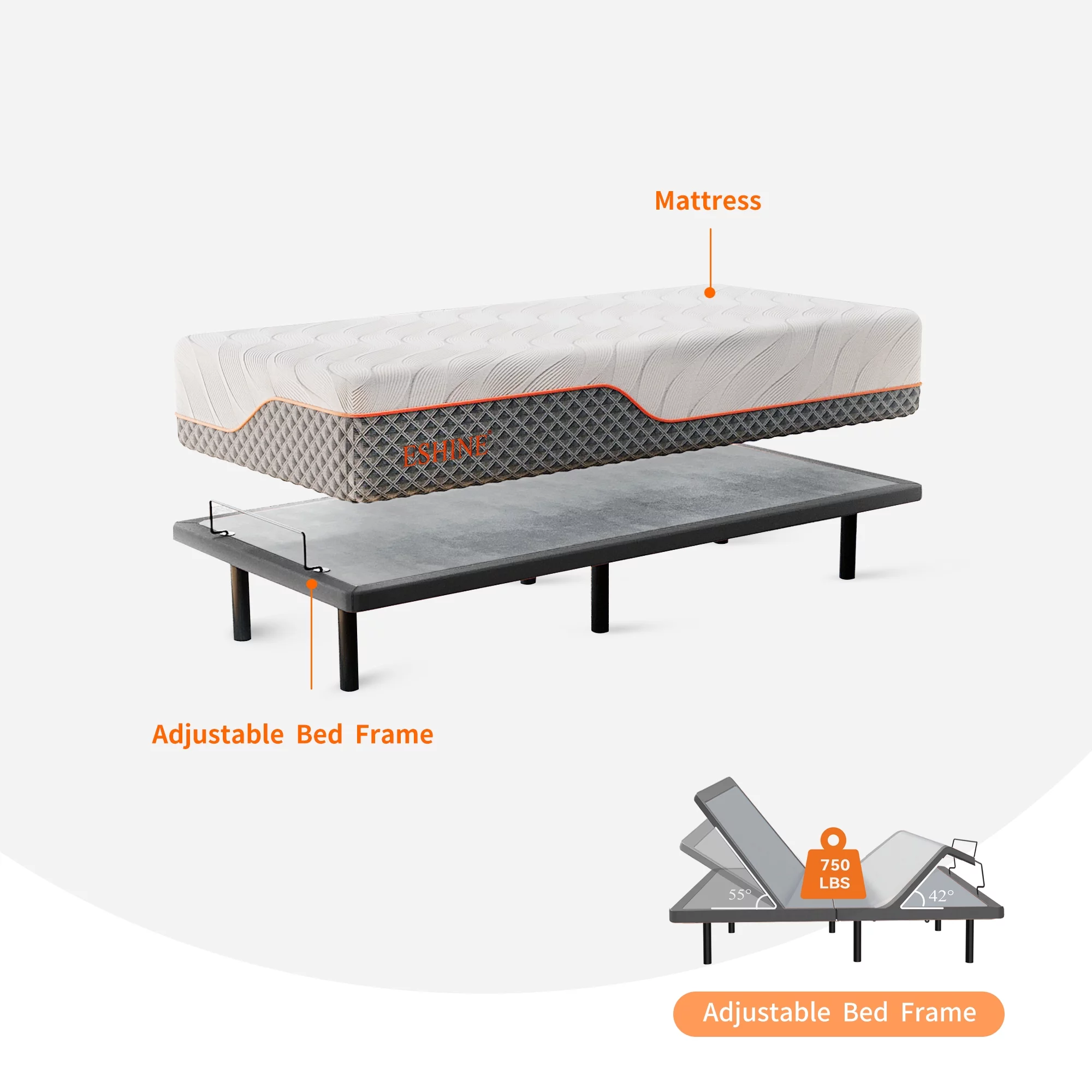 ESHINE Split King Adjustable Bed Frame - 14 inch Hybrid Memory Foam Mattress, with Massage, Wireless Remote, USB, Under Bed Night Light, Head and Foot Incline